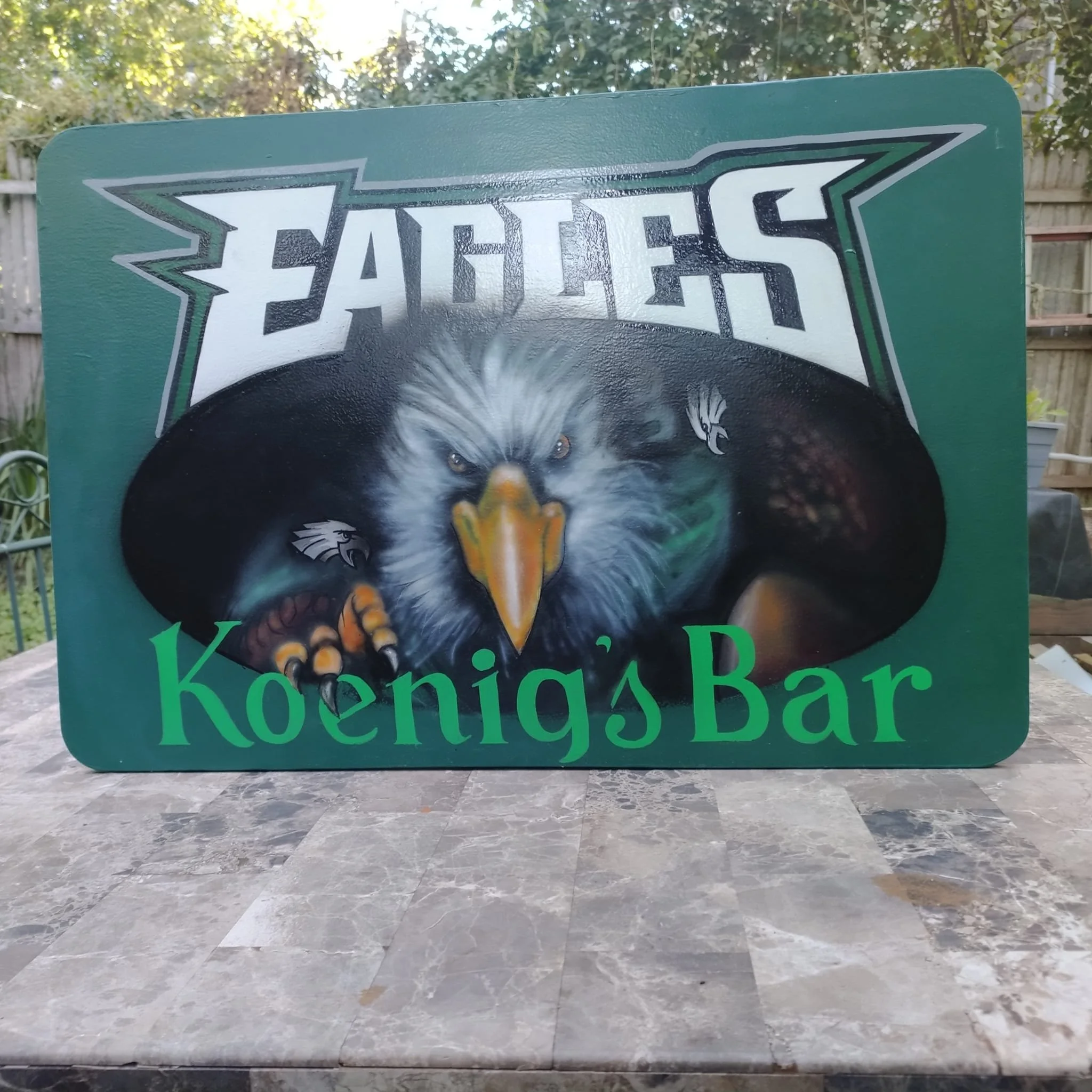 MDO plywood sign hand lettered and airbrushed in one shot enamels