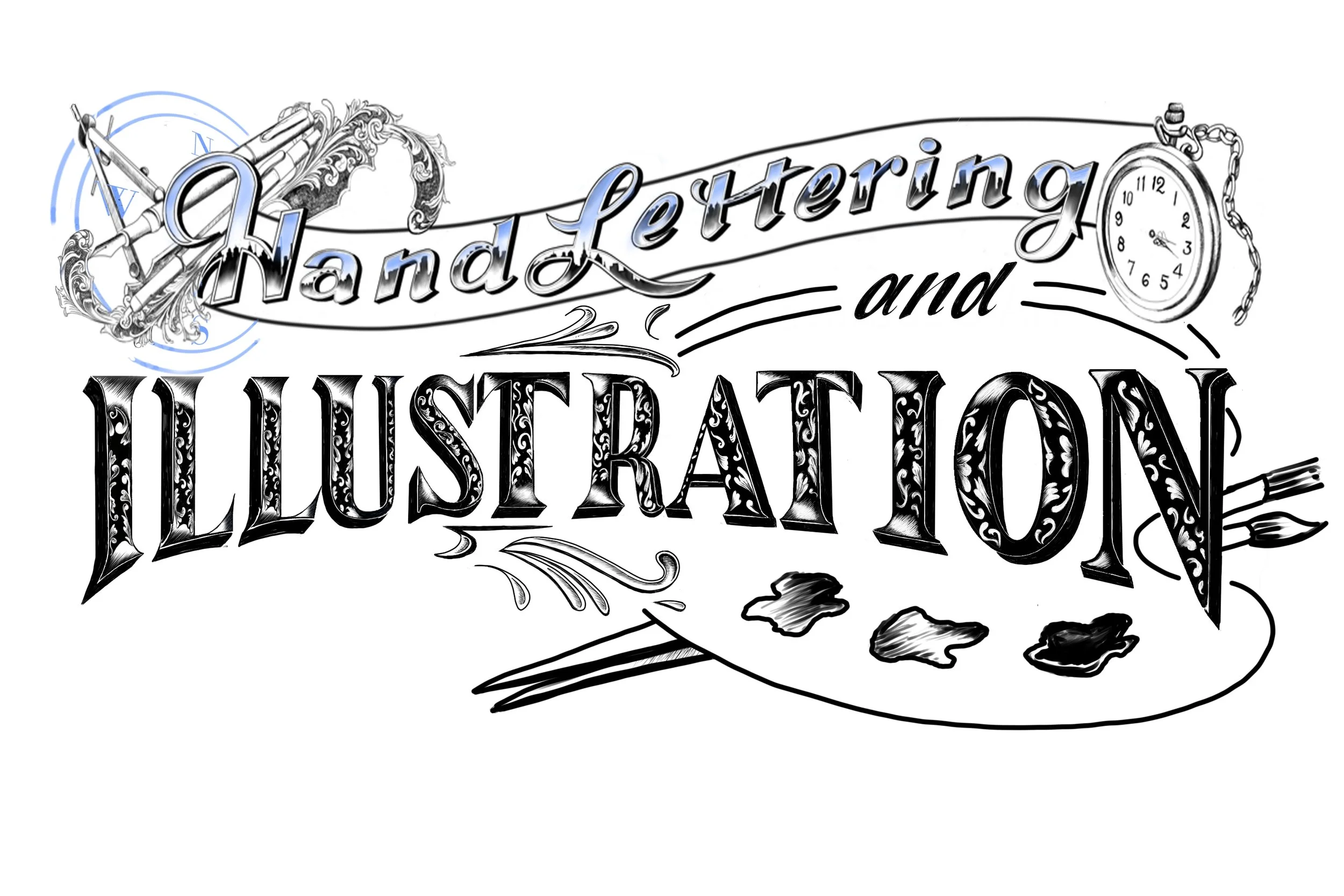 Illustration of hand lettering with vintage-style text, a compass, a clock, and a painter's palette with brushes.