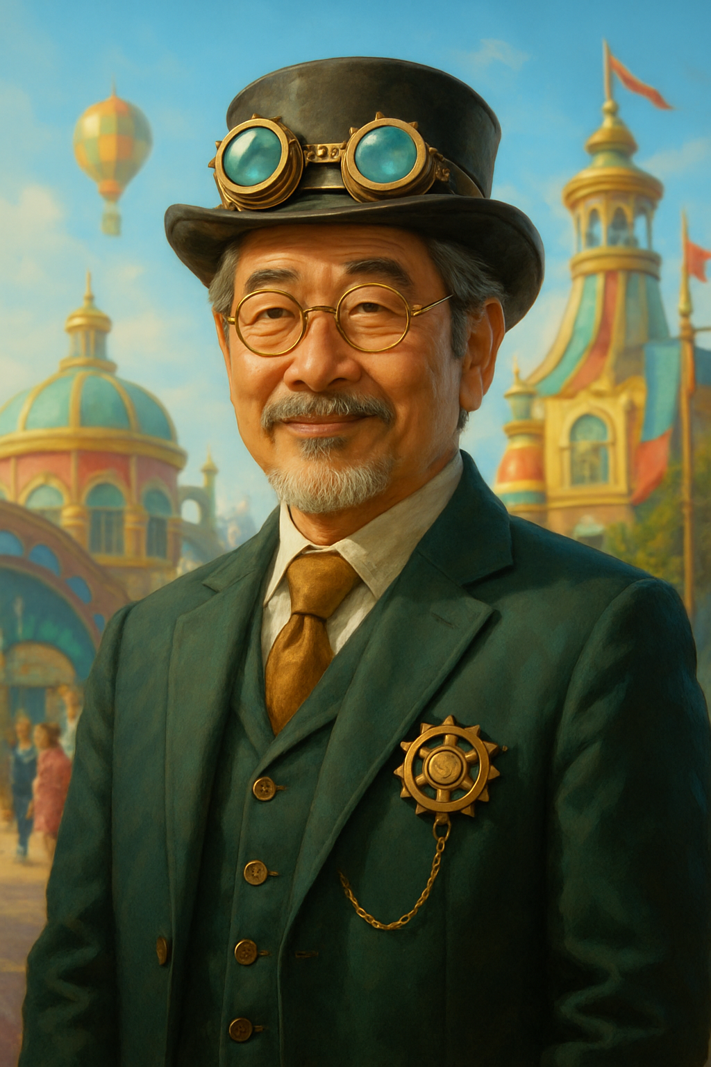Middle aged, asian man wearing a green three piece suit, a gold gear pendant, and steampunk goggles on his top hat.