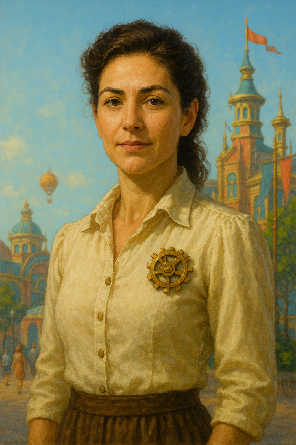 A woman with dark, curly hair wearing a beige blouse with a gear-shaped badge on the chest, standing in front of a colorful, artistic cityscape with domed buildings, towers, and a hot air balloon in the sky.