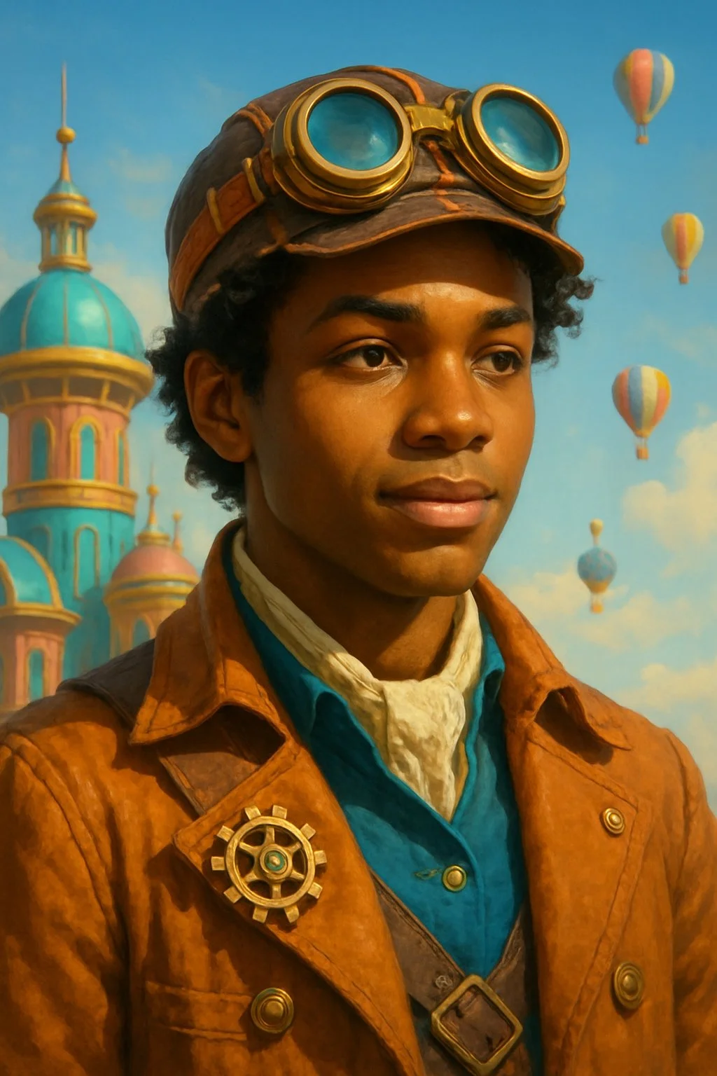 Close-up of a young African American man dressed as a steampunk aviator, wearing goggles and a leather jacket with gears, standing against a backdrop of a fantasy city with hot air balloons in the sky.