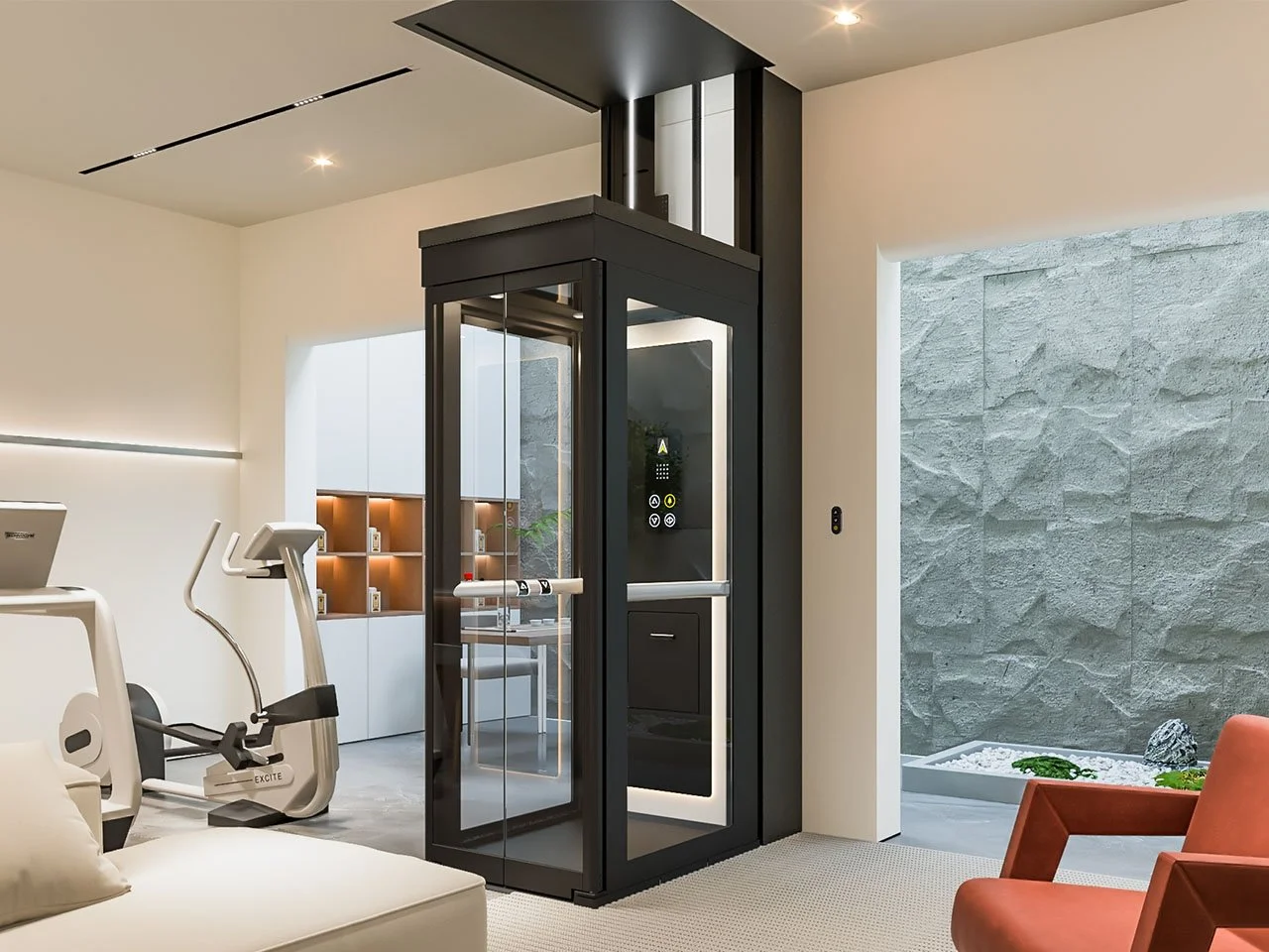 Modern indoor space with an elevator, exercise bike, white and orange furniture, and a stone wall outside