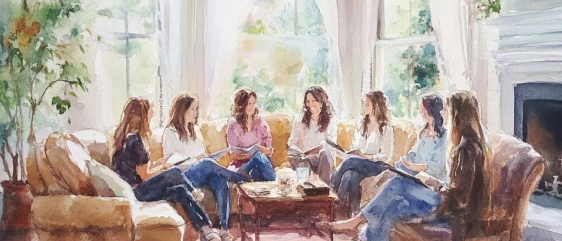 A group of seven women sitting on sofas and chairs in a bright living room, engaged in conversation and reading papers, with large windows and greenery outside.