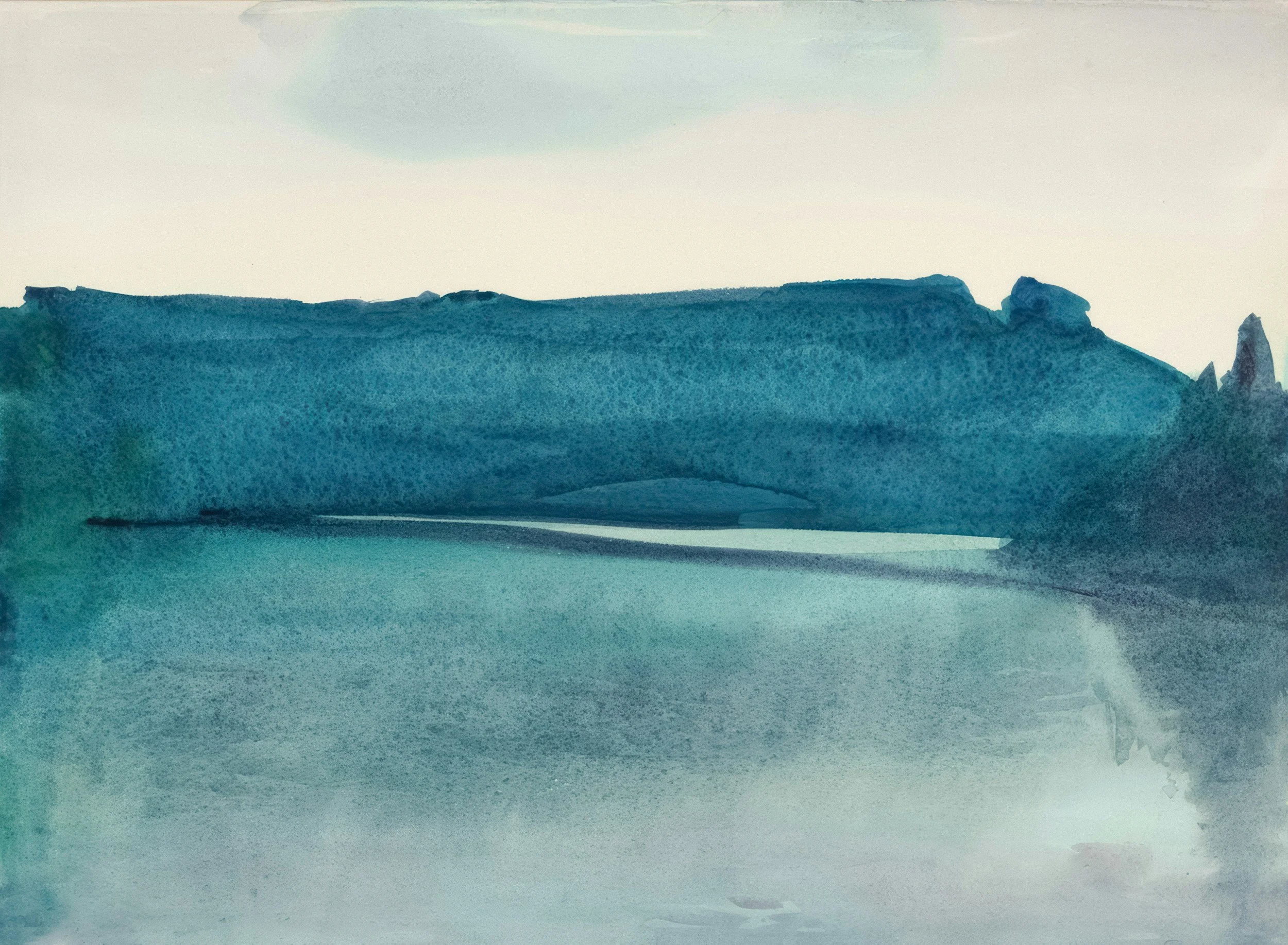 Watercolor painting of a landscape with a body of water in the foreground, a mountain range with cliffs and peaks in the middle ground, and a pale sky in the background.