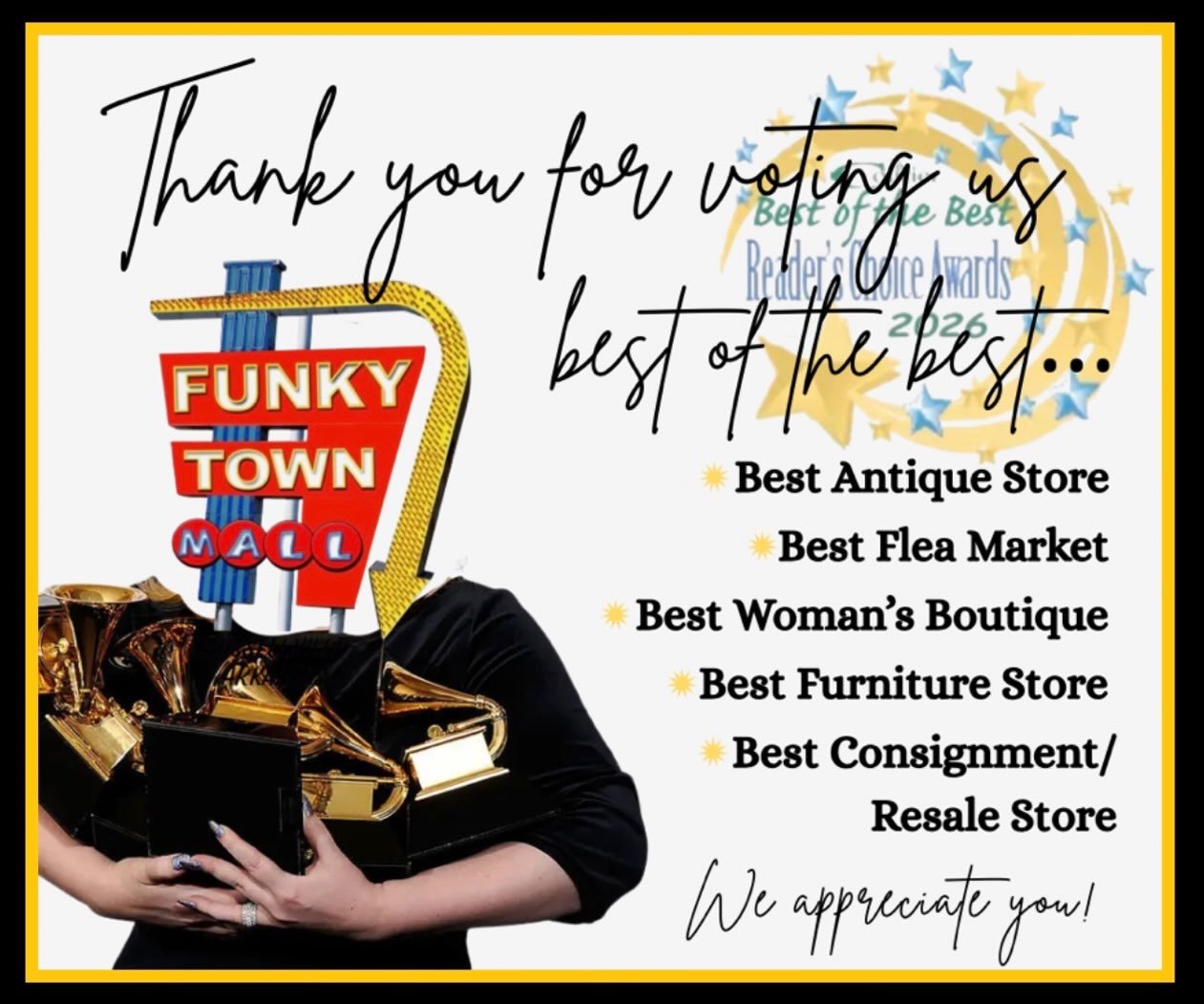 🎉 WE ARE ABSOLUTELY SPEECHLESS! 

We are beyond excited, shocked, humbled&hellip; and SO incredibly thankful to announce that Funky Town Mall has been voted BEST OF THE BEST in ALL 5 CATEGORIES we were nominated for! 🥹❤️

🏆 Best Antique Store
🏆 B