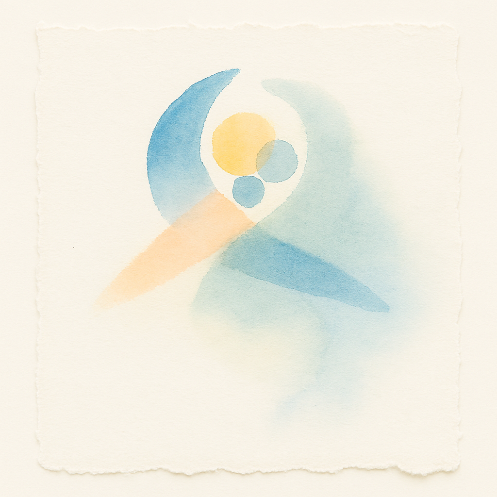 Abstract watercolor painting with blue, yellow, and light orange shapes on textured paper.