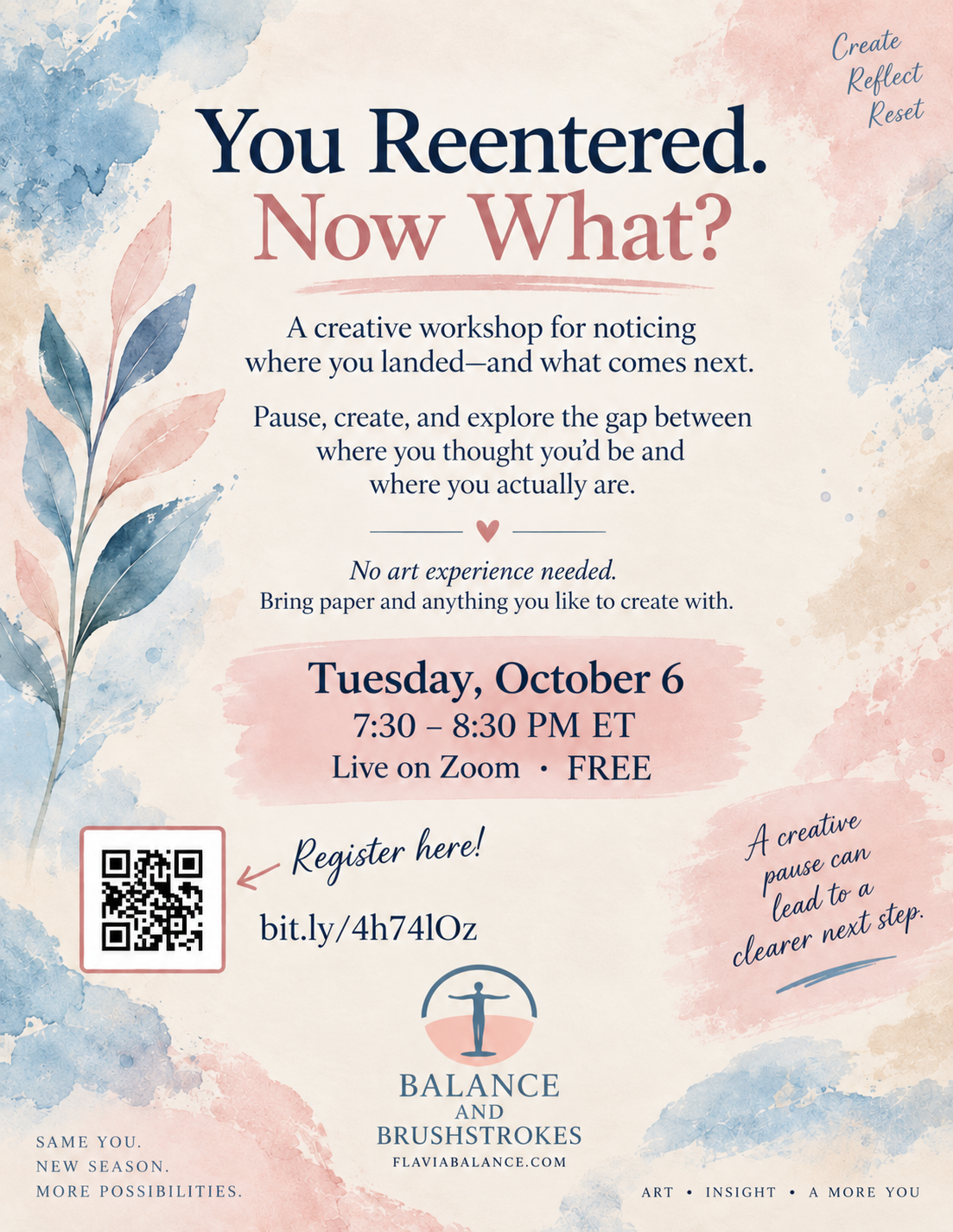 Flyer for You Reentered. Now What?, a free creative workshop on Zoom, Tuesday, October 6, 7:30–8:30 PM ET