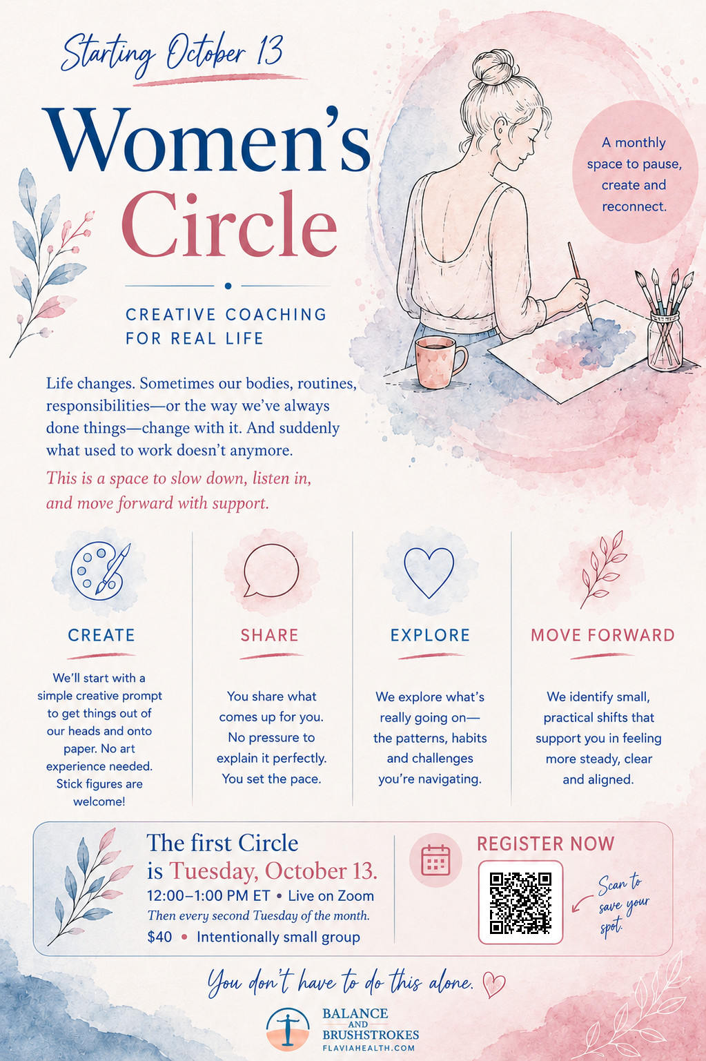 Flyer for Women’s Circle, a monthly creative coaching group on Zoom starting Tuesday, October 13