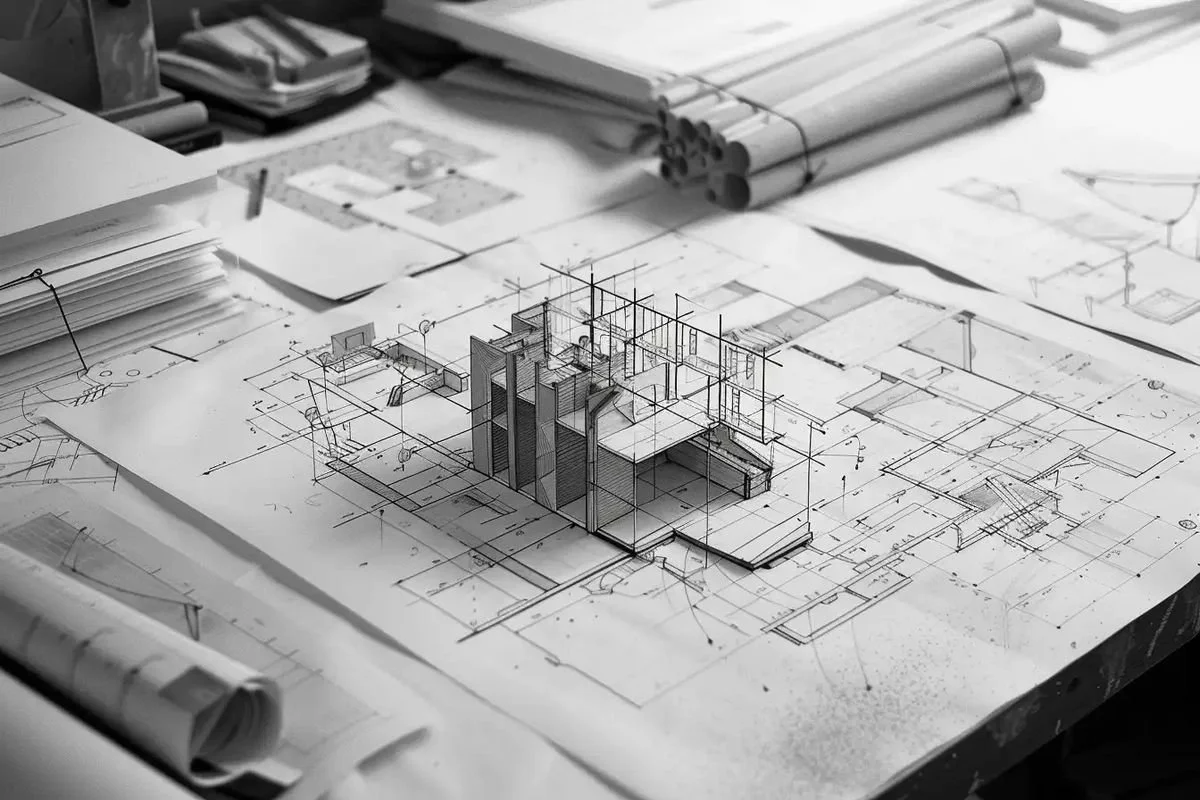 Architectural drawings and blueprints of a building design on a workspace, with rolled-up blueprints and drawing tools.