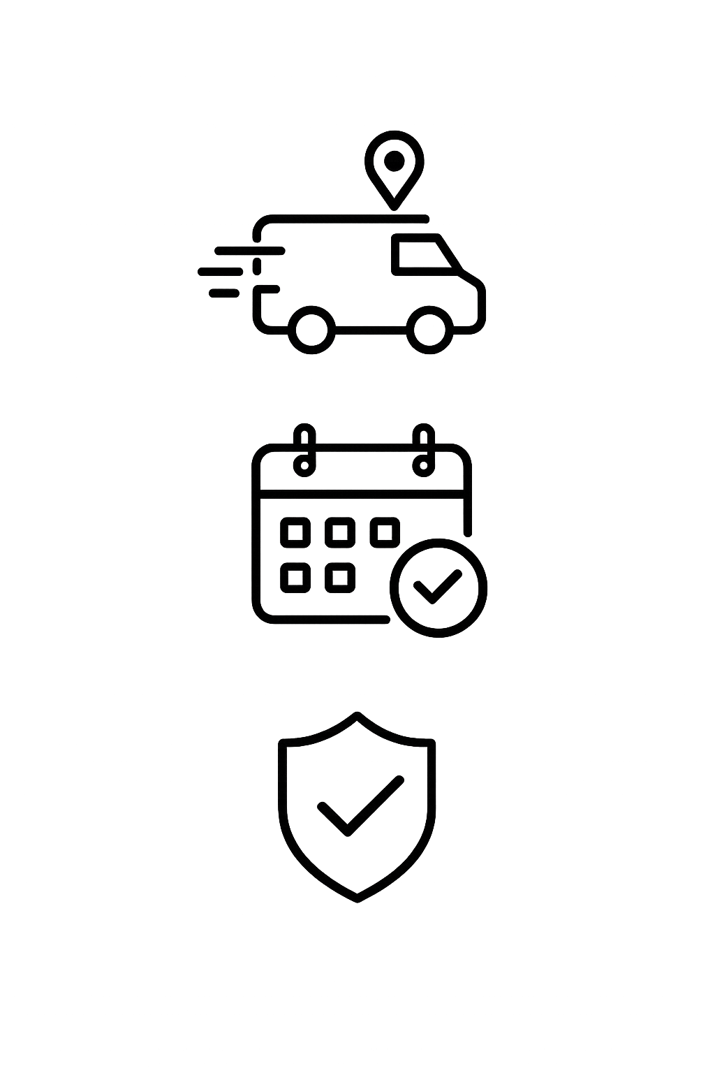 Infographic about safe delivery services, featuring a delivery van, a calendar with a check mark, and a shield, indicating safety and reliability.