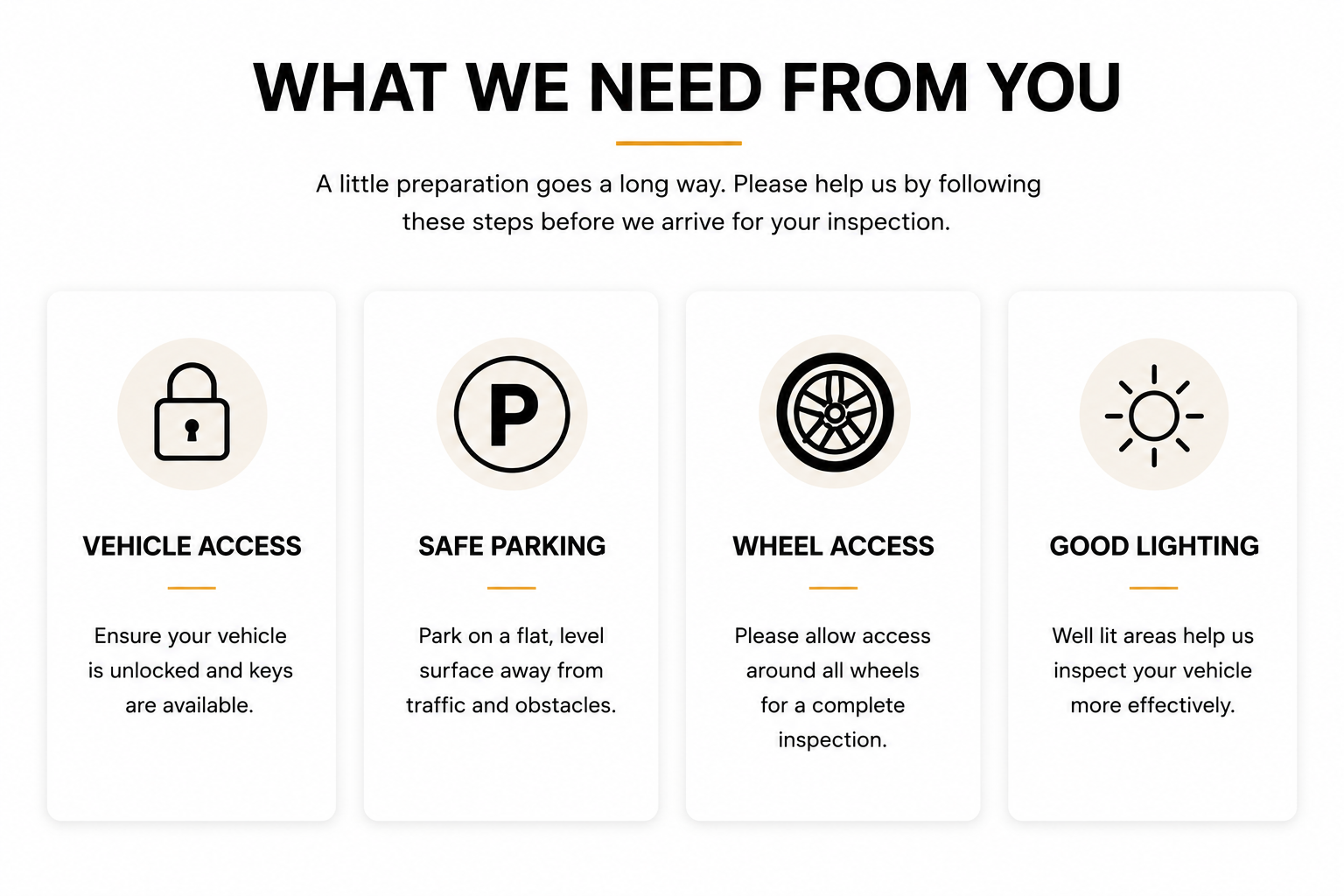 A guide titled 'What We Need From You' with four icons and instructions: a lock icon for vehicle access, a parking symbol for safe parking, a wheel icon for wheel access, and a lightbulb for good lighting, each with descriptive text.