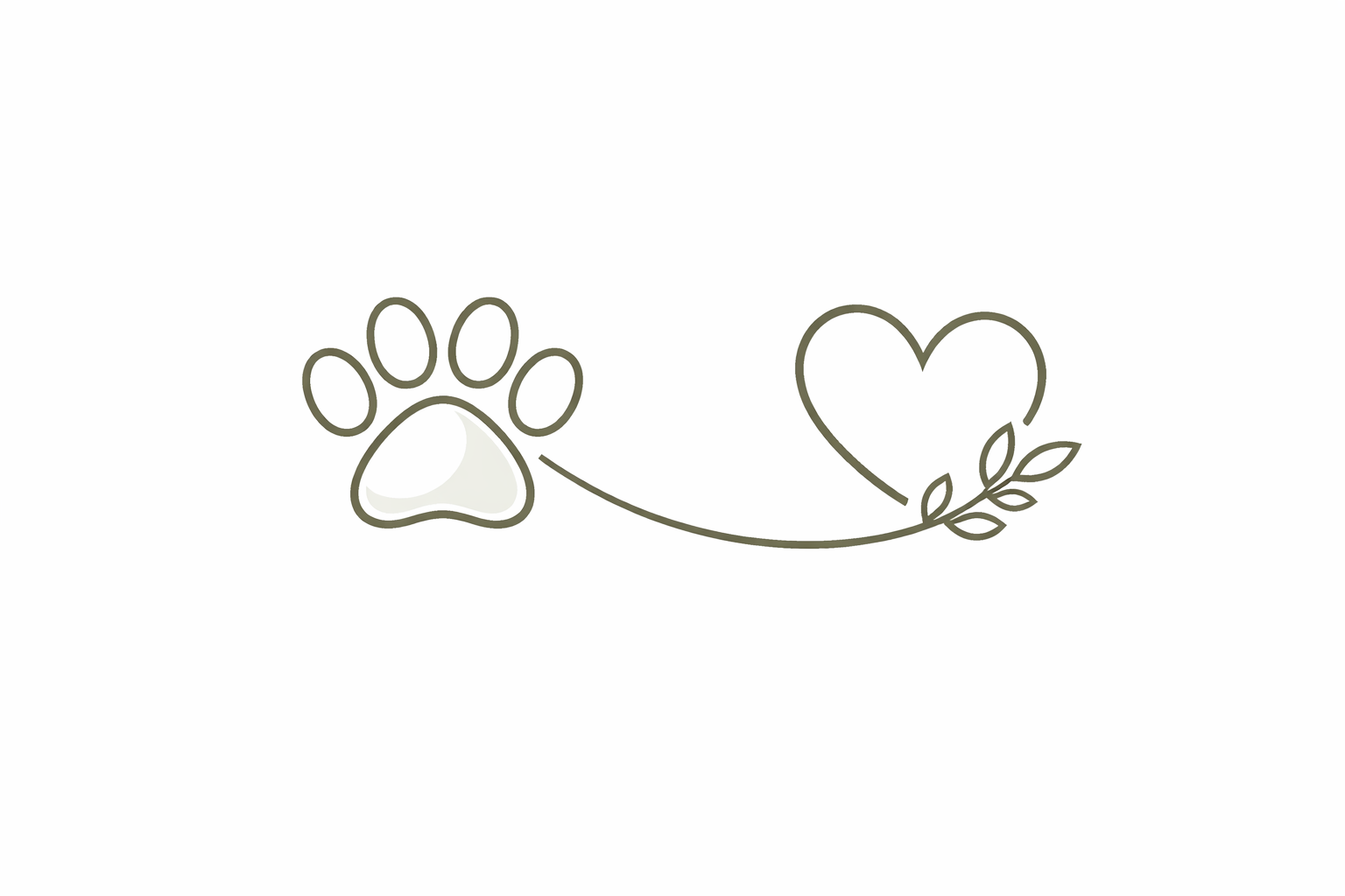 A minimalist line drawing of a paw print connected by a line to a heart with a small branch and leaves.