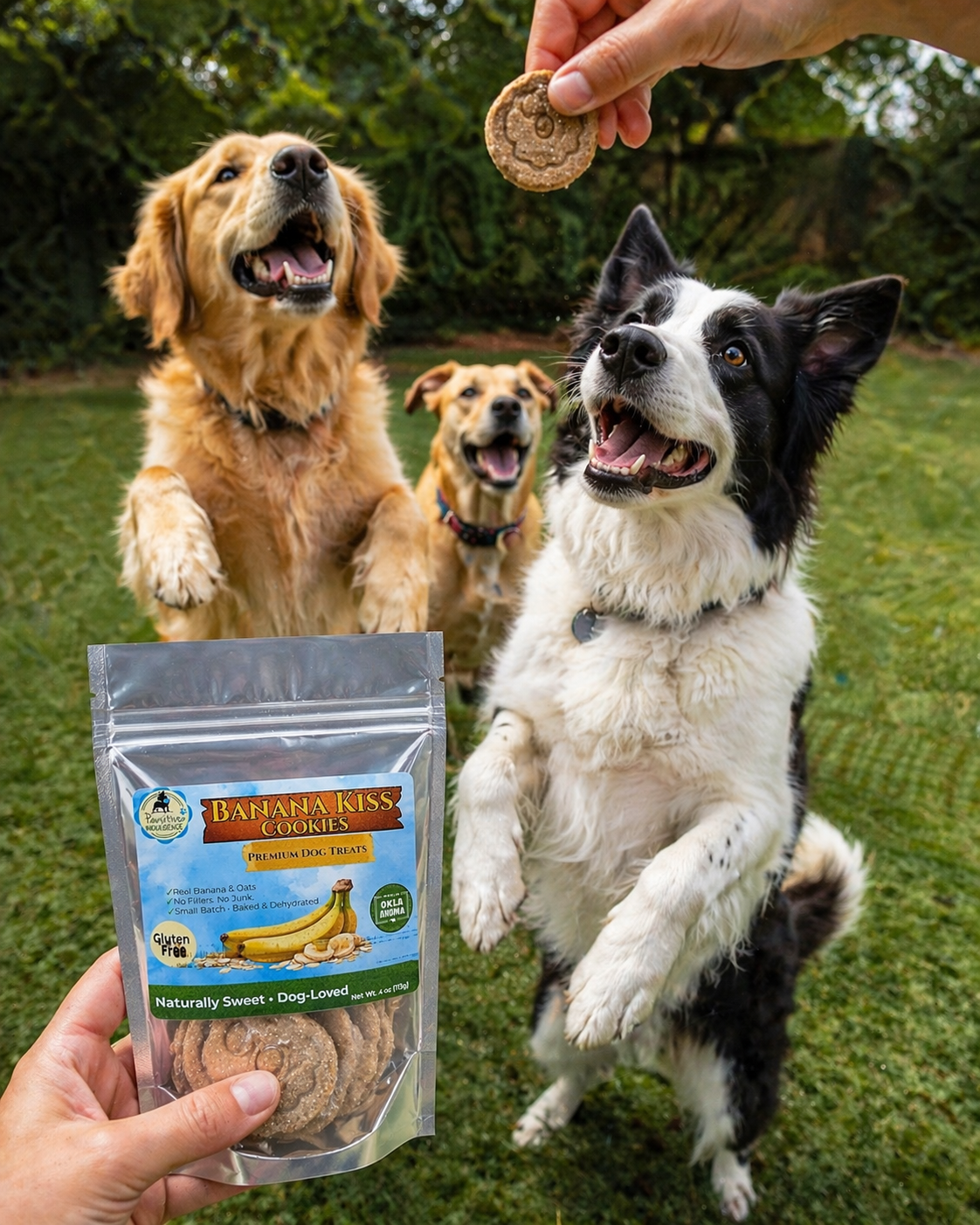 Dog jumping for banana treat