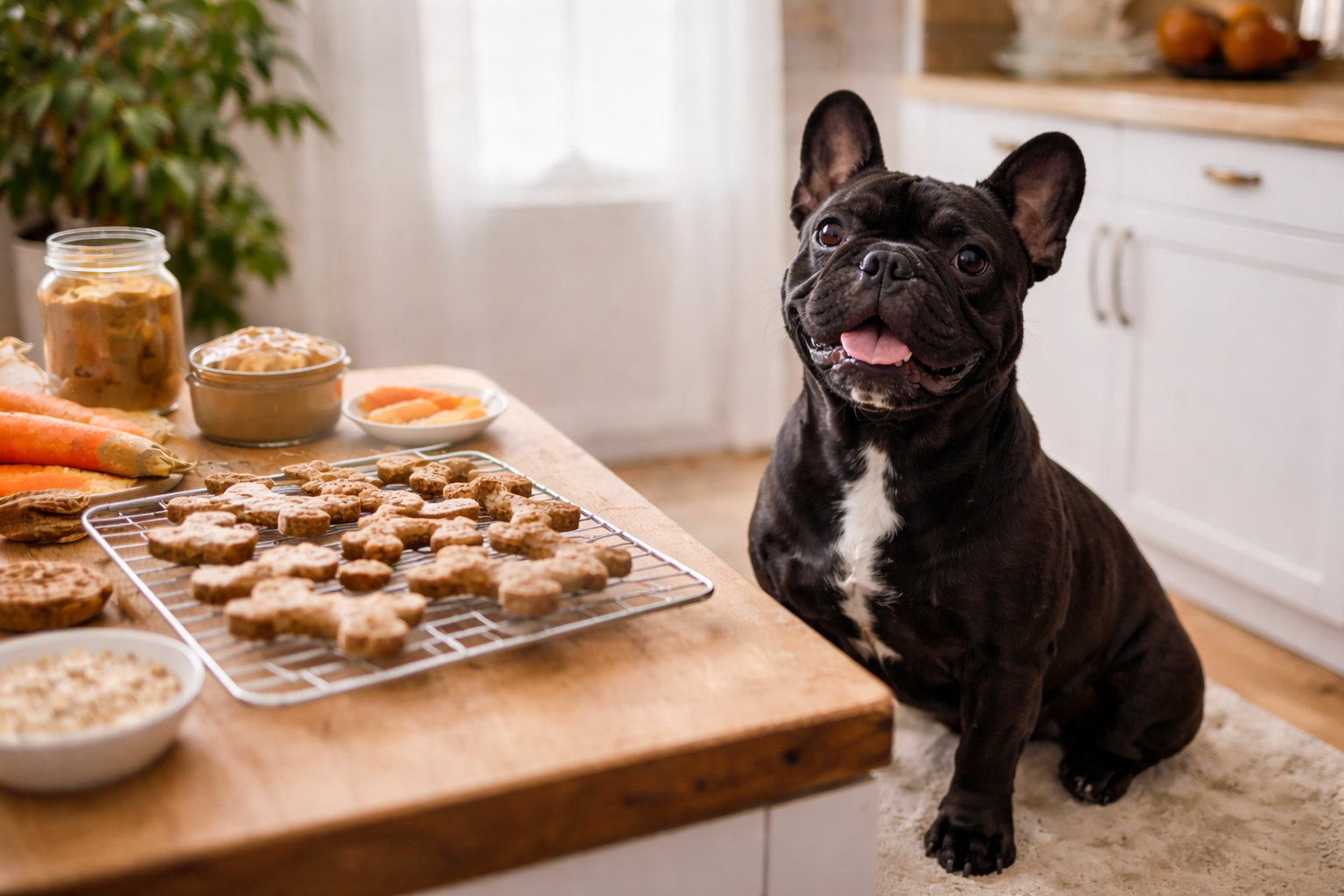 A French Bulldog sitting beside a table filled with dog treats, baked goods, jars, and bowls in a kitchen.