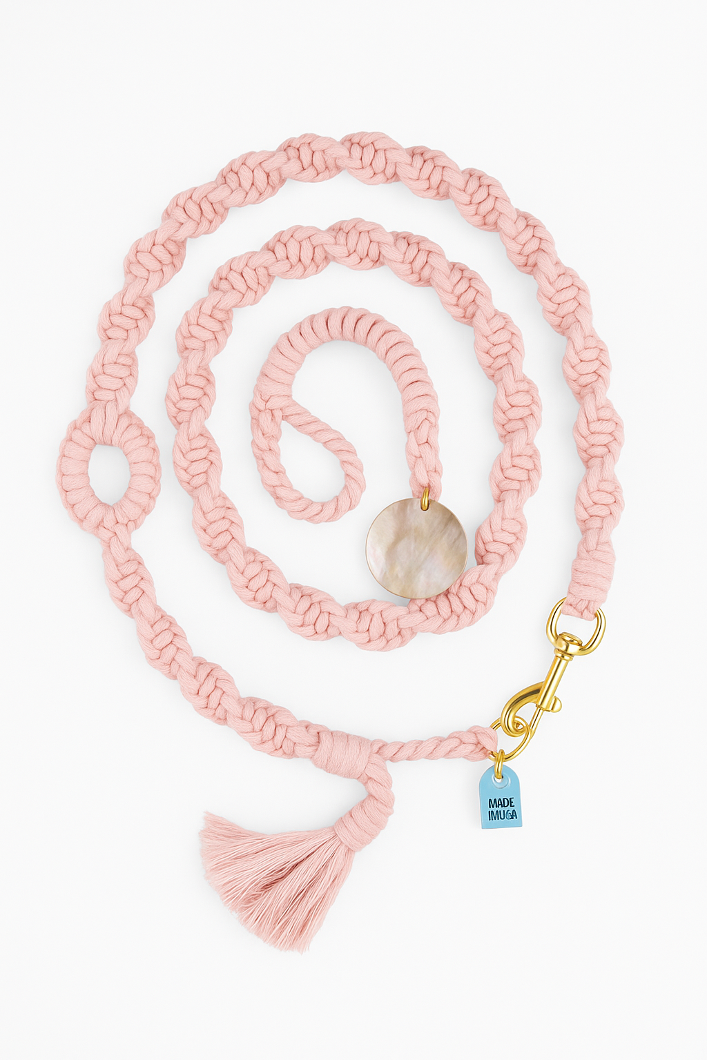 Handmade One-of-a-kind Macrame Leash with Faux Oyster Shell Charm