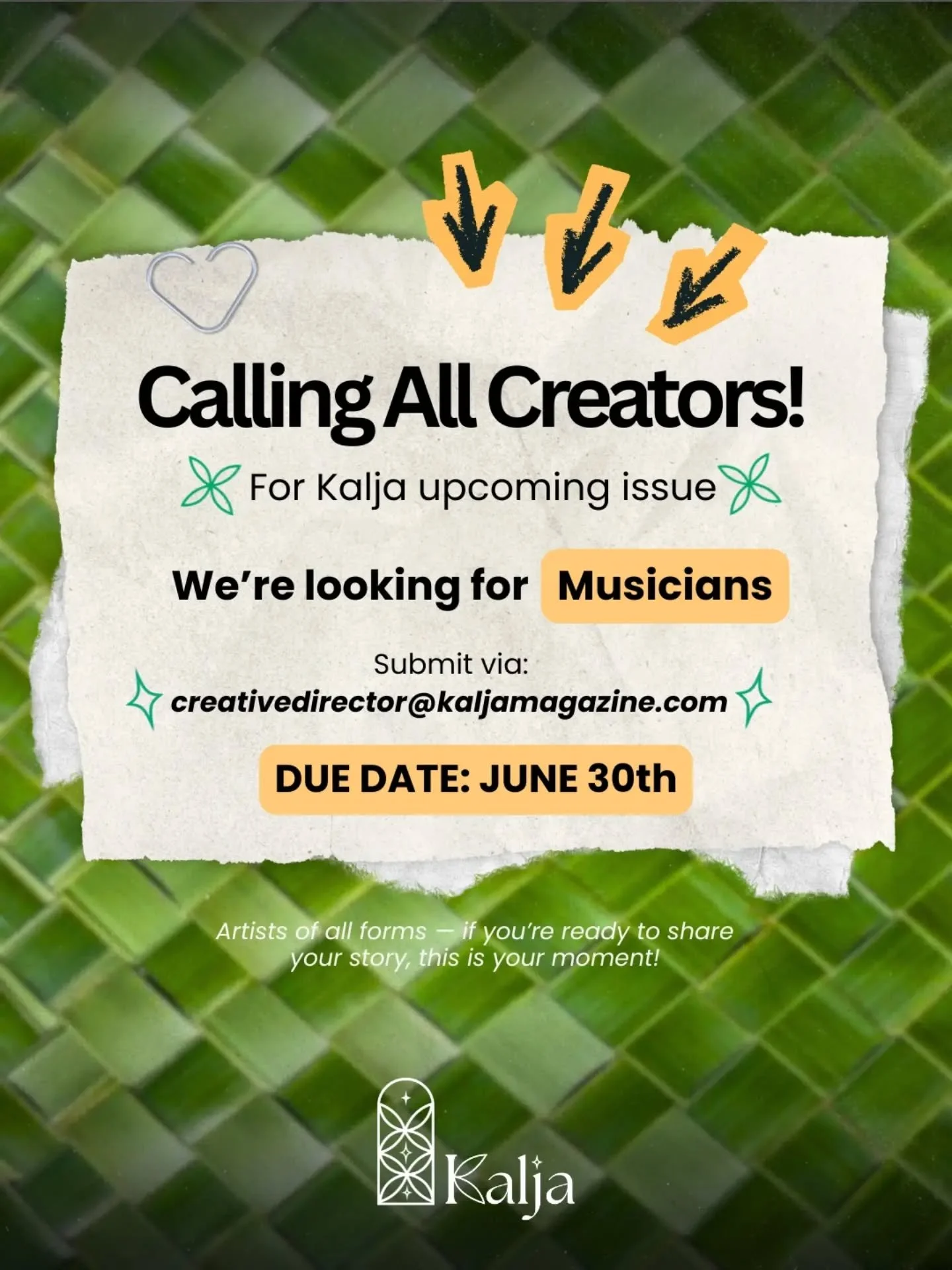🐚 A Call for 𝐌𝐞𝐥𝐚𝐧𝐞𝐬𝐢𝐚𝐧 𝐂𝐫𝐞𝐚𝐭𝐨𝐫𝐬 

⚠️ Submissions close on June 30 ⚠️

Our next issue is dedicated to the brillant, raw, and boundary-pushing voices of Melanesia artists and creators ! 

👉 From across our islands to every corner o