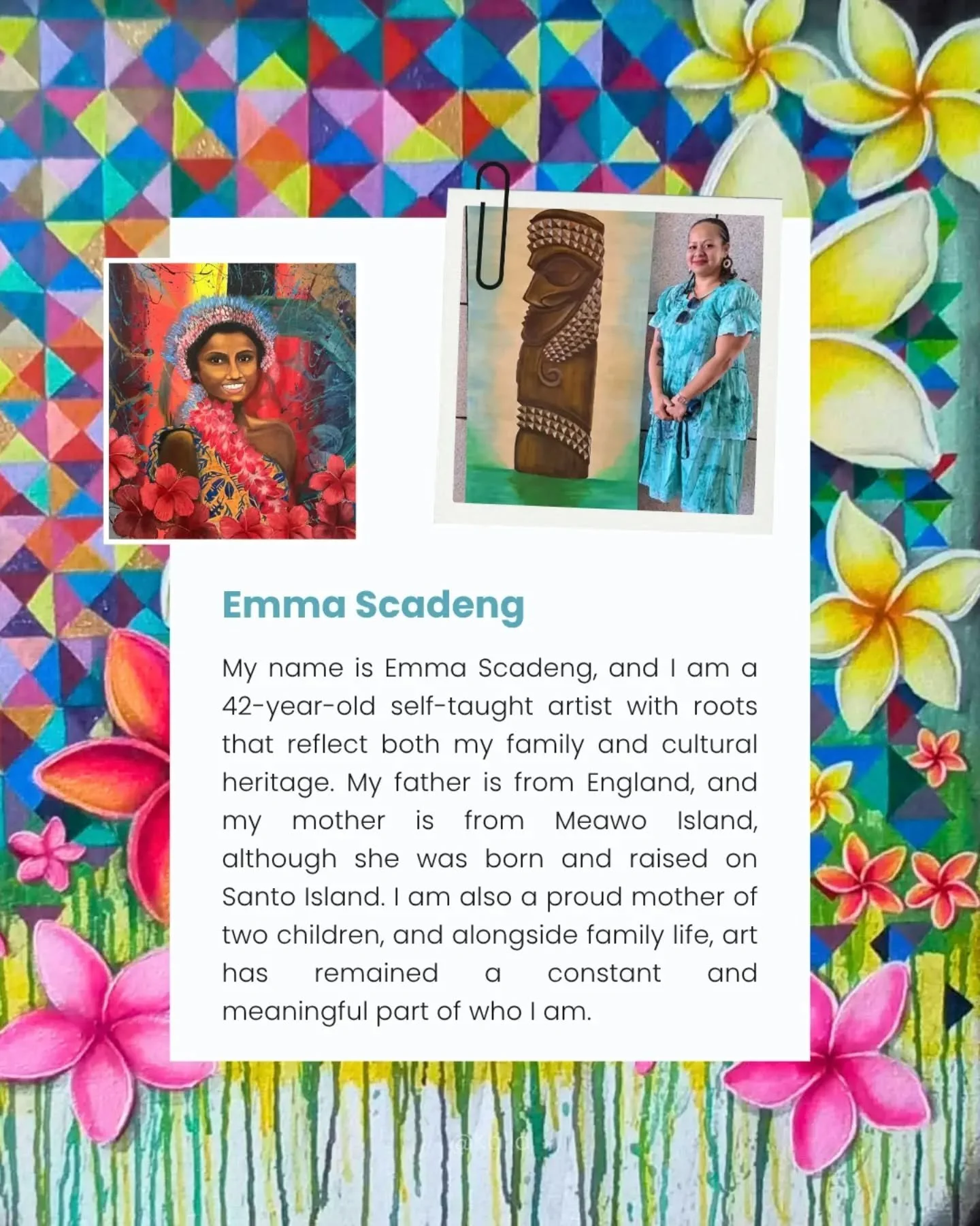 Discover more of Emma Scadeng&rsquo;s artwork, a Ni-Vanuatu visual artist with roots in Santo and Maewo 🌺

Check out Emma&rsquo;s story reflecting on her family's influence to chase her curiosity in creation, and how she draws inspiration from the b