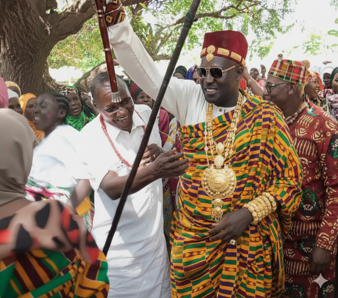 A man dressed in traditional Maasai attire with gold jewelry, sunglasses, a hat, and a Maasai shuka, surrounded by a crowd outdoors under a tree.