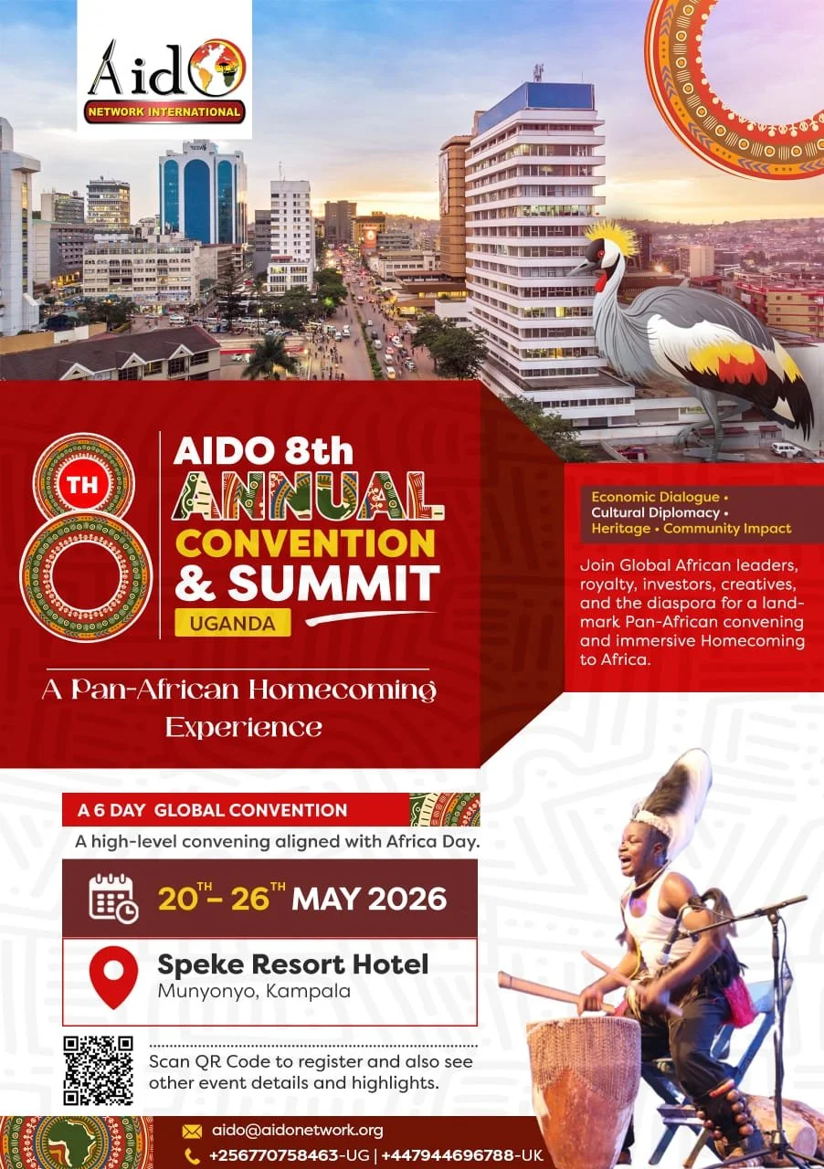 Bright city skyline with various modern buildings in Kampala, Uganda, at sunset. Promotional flyer for the 8th Annual AIDO Convention and Summit, including event details and location at Speke Resort Hotel.