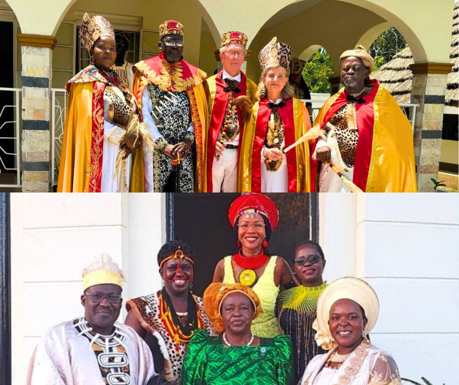 A collage of two groups of people in traditional African attire. The top group includes five individuals dressed in regal costumes with capes, animal print patterns, and headpieces, standing outside a building with arches. The bottom group consists of six people in colorful traditional clothing, posing in front of a white building, with women wearing headwraps and jewelry, and men in patterned shirts and hats.