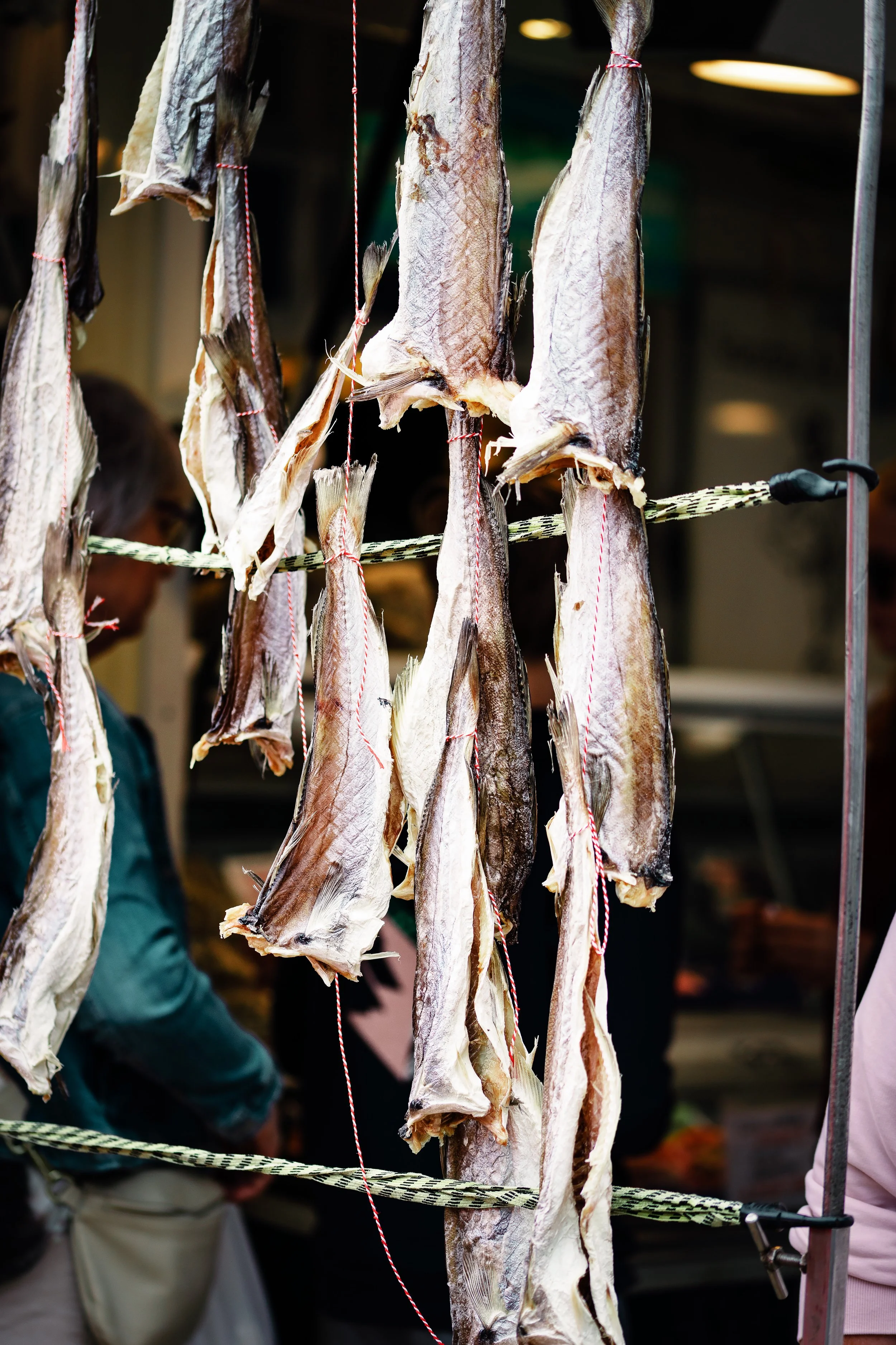 Dried fish hanging on strings at a market stall with blurred people in the background.