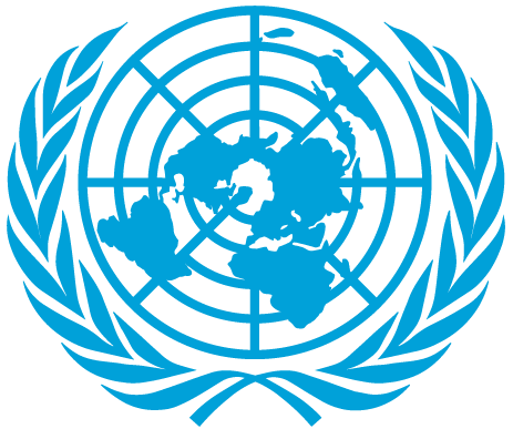 United Nations emblem with a world map surrounded by olive branches.