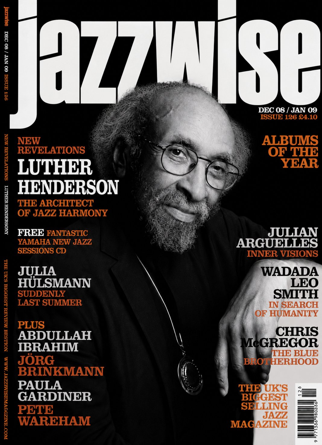 Cover of Jazzwise magazine featuring a black and white portrait of an elderly man with glasses and gray hair, with various headlines in white and orange.