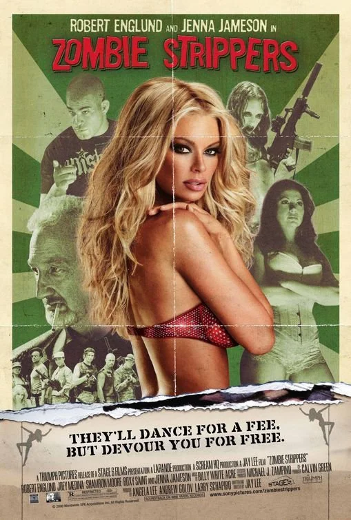 Poster for the movie 'Zombie Strippers' featuring a blonde woman in a red bikini top in the foreground, with images of other characters holding guns and zombies in the background.