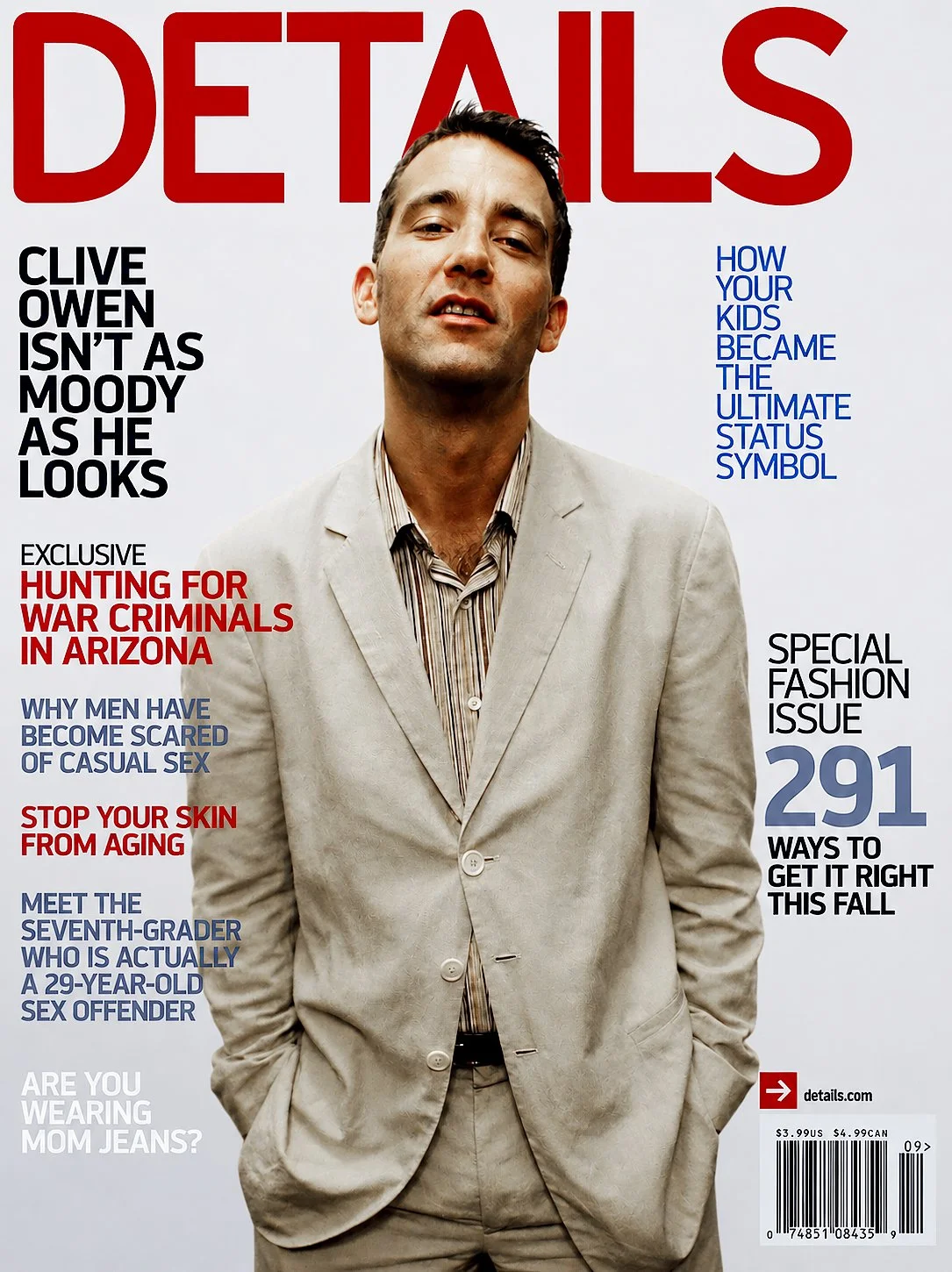 Cover of Details magazine featuring a man in a beige suit with a striped shirt, surrounded by headlines in red, black, and blue text.