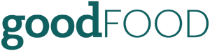 Close-up of the words 'good FOOD' in teal and black font on a white background.