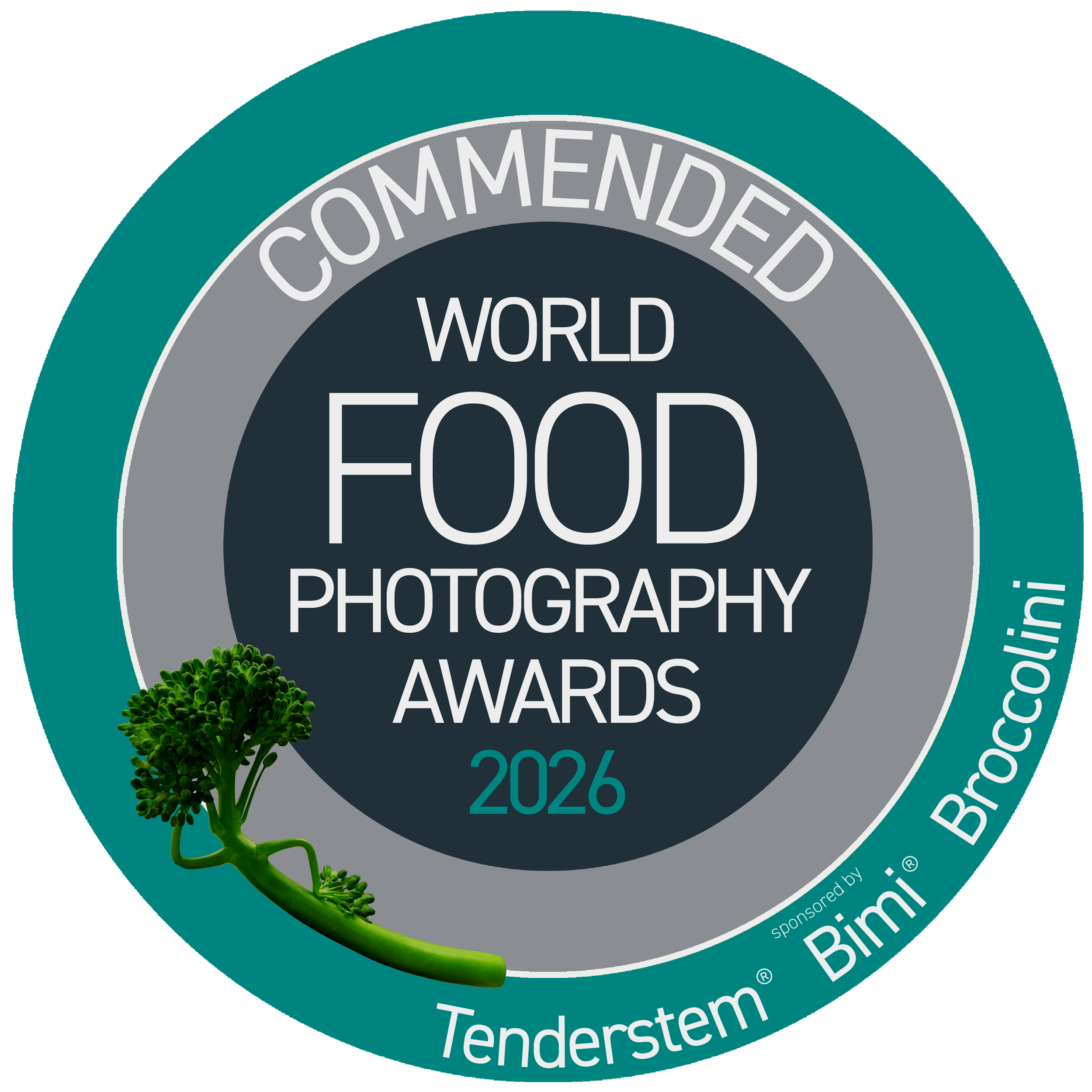 Award badge for the 2022 Bi-Connector World Food Photography Awards featuring a green broccoli sprout.