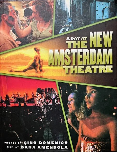 Book cover titled "A Day at the New Amsterdam Theatre" featuring images of a woman and child in a performance, a city street scene, a person sitting by a sunset, and a woman and girl at a performance.