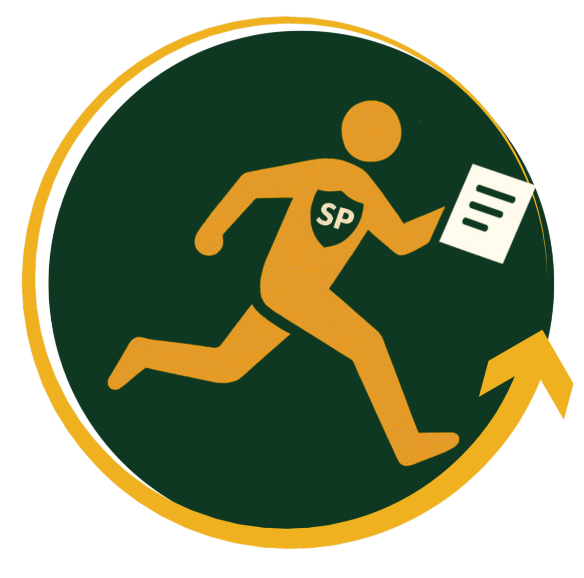 A graphic of a person running with a document in hand, wearing a shield labeled 'SP' on their chest, symbolizing a quick news or information delivery service.