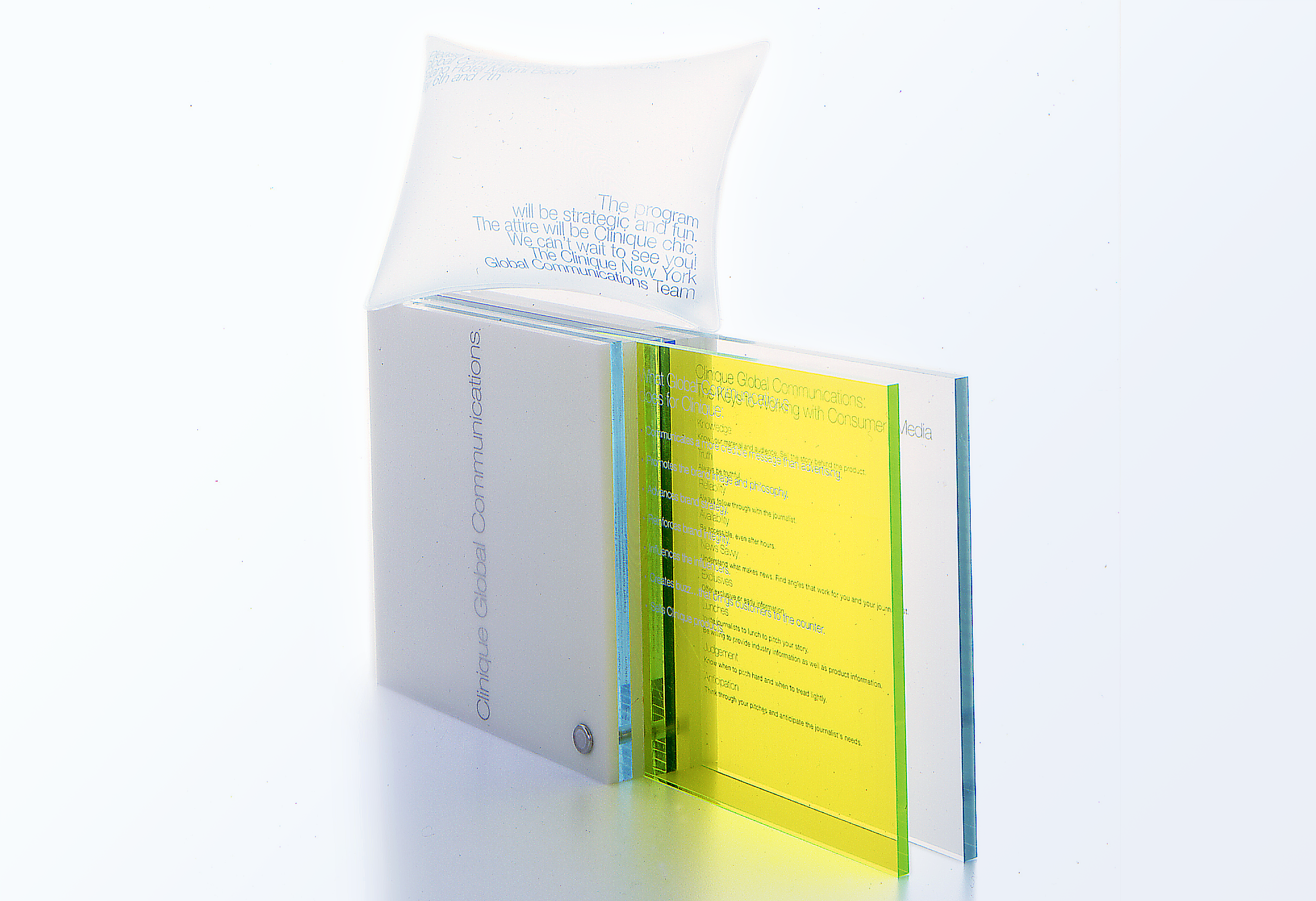 Clinique, Blow-up Invitation for Miami Sales Meeting Pool Party and Itinerary in lucite