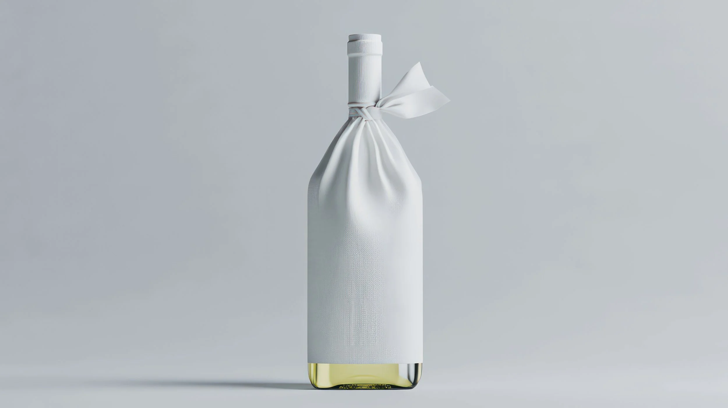 A bottle of wine wrapped in white fabric with a bow, set against a plain grey background.