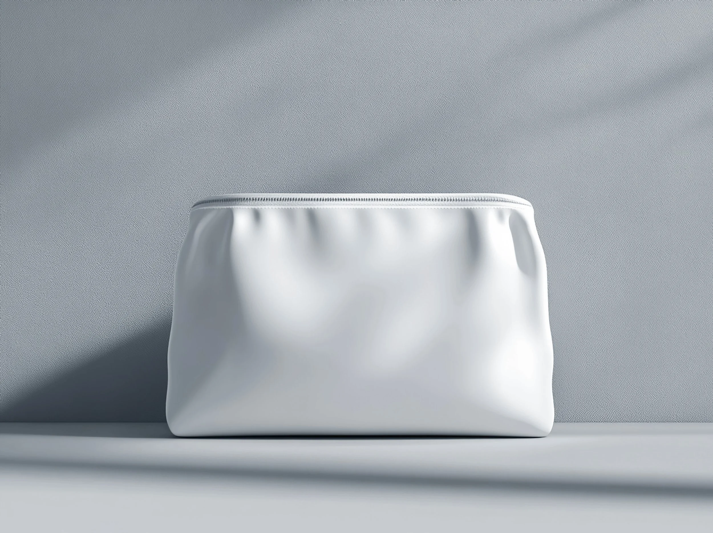 A white cosmetic tote against a wall with shadows