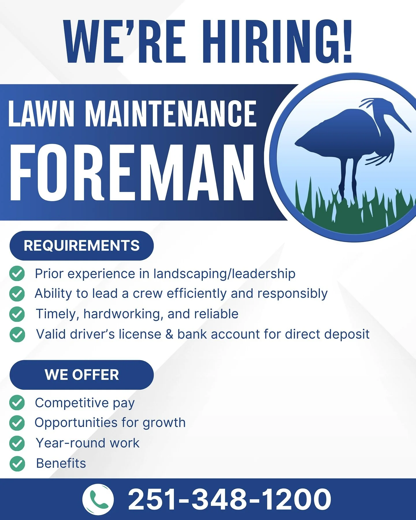 Come grow with us! Now hiring a Lawn Maintenance Foreman for our Baldwin County location. If you take pride in quality work and want to lead a great team, we want to hear from you! 📲 251.348.1200