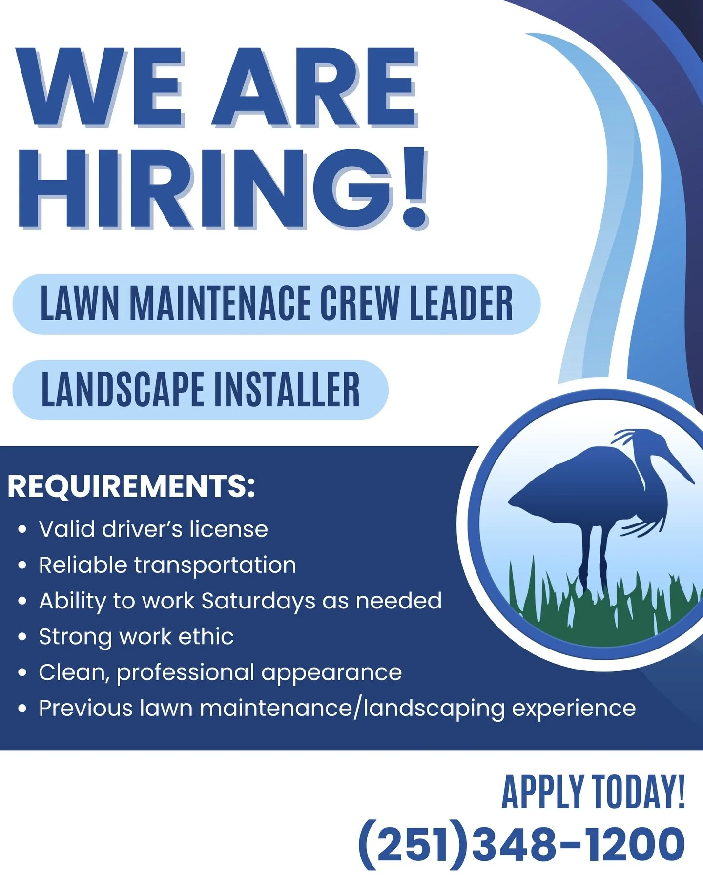 🌿NOW HIRING - Join the Blue Heron Team!🌿

We&rsquo;re looking for motivated team members to join our Baldwin County crew!

🌱 Lawn Maintenance Crew Leader
🌷 Landscape Installer

These are full-time positions with weekly payroll and experience base