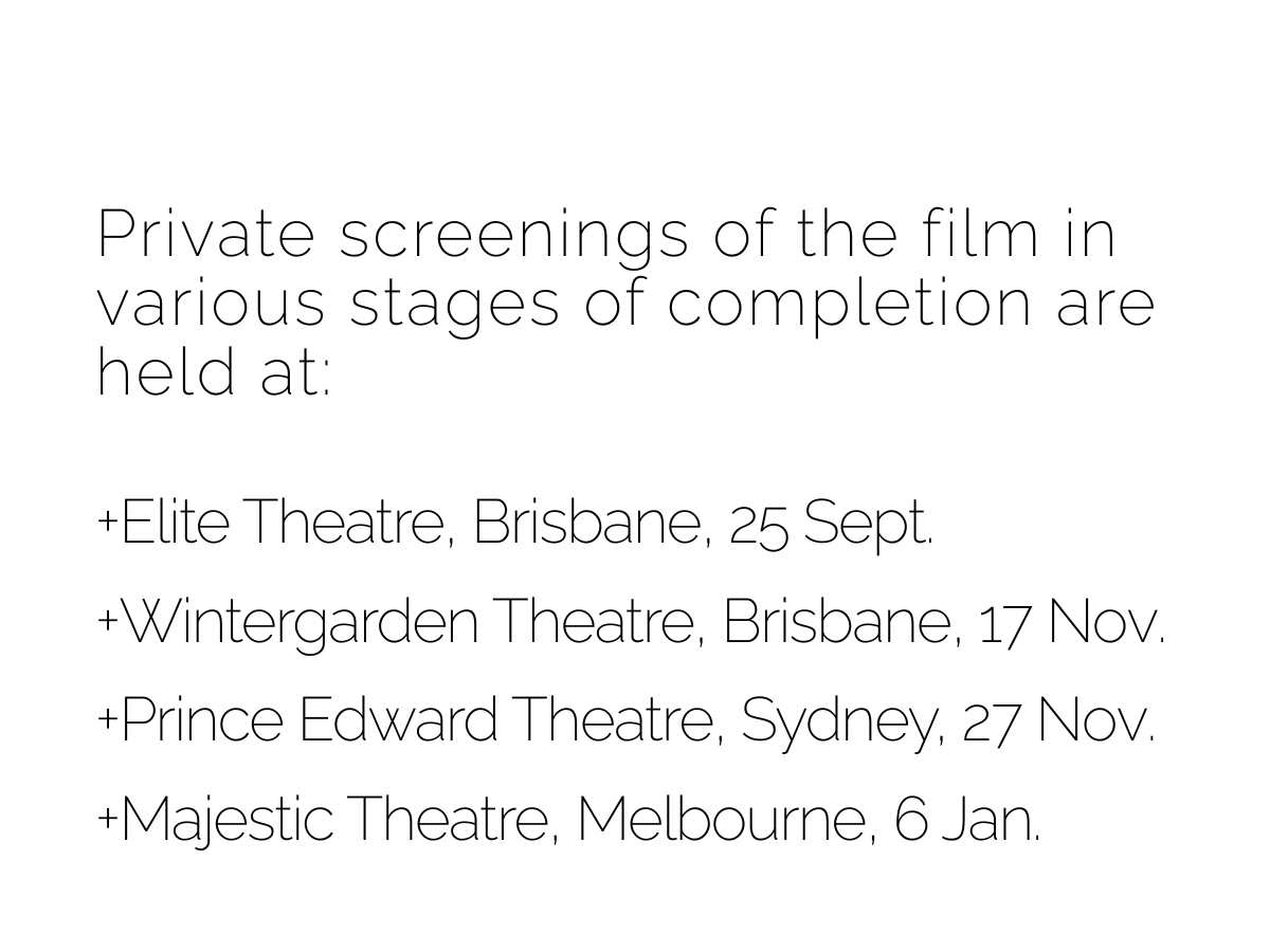 Text listing various theater screening locations and dates in Brisbane, Sydney, and Melbourne.