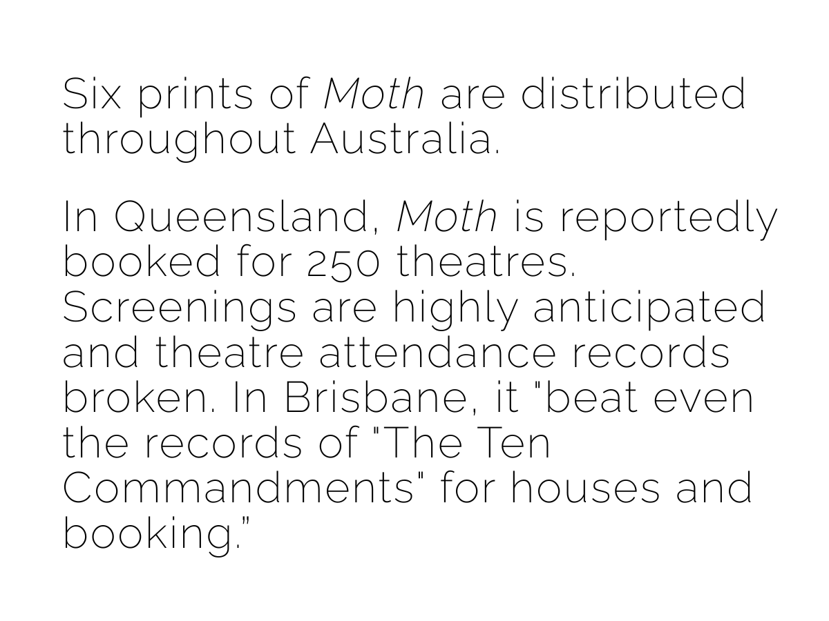 Text on a white background discussing the distribution and popularity of the Moth in Australia, especially in Queensland and Brisbane, and its theatrical bookings.