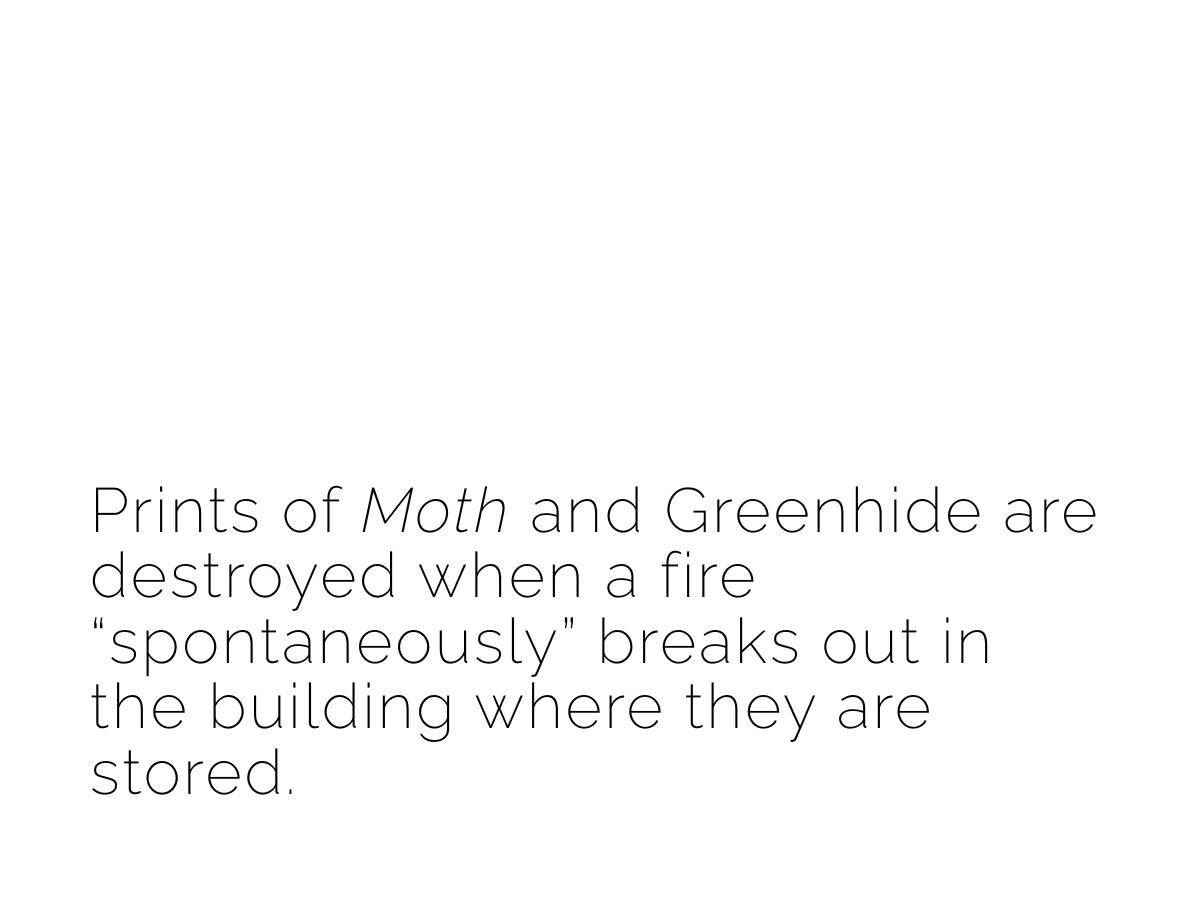Text on a white background explaining that prints of moth and greenhouse are destroyed when a fire spontaneously breaks out in the storage building.