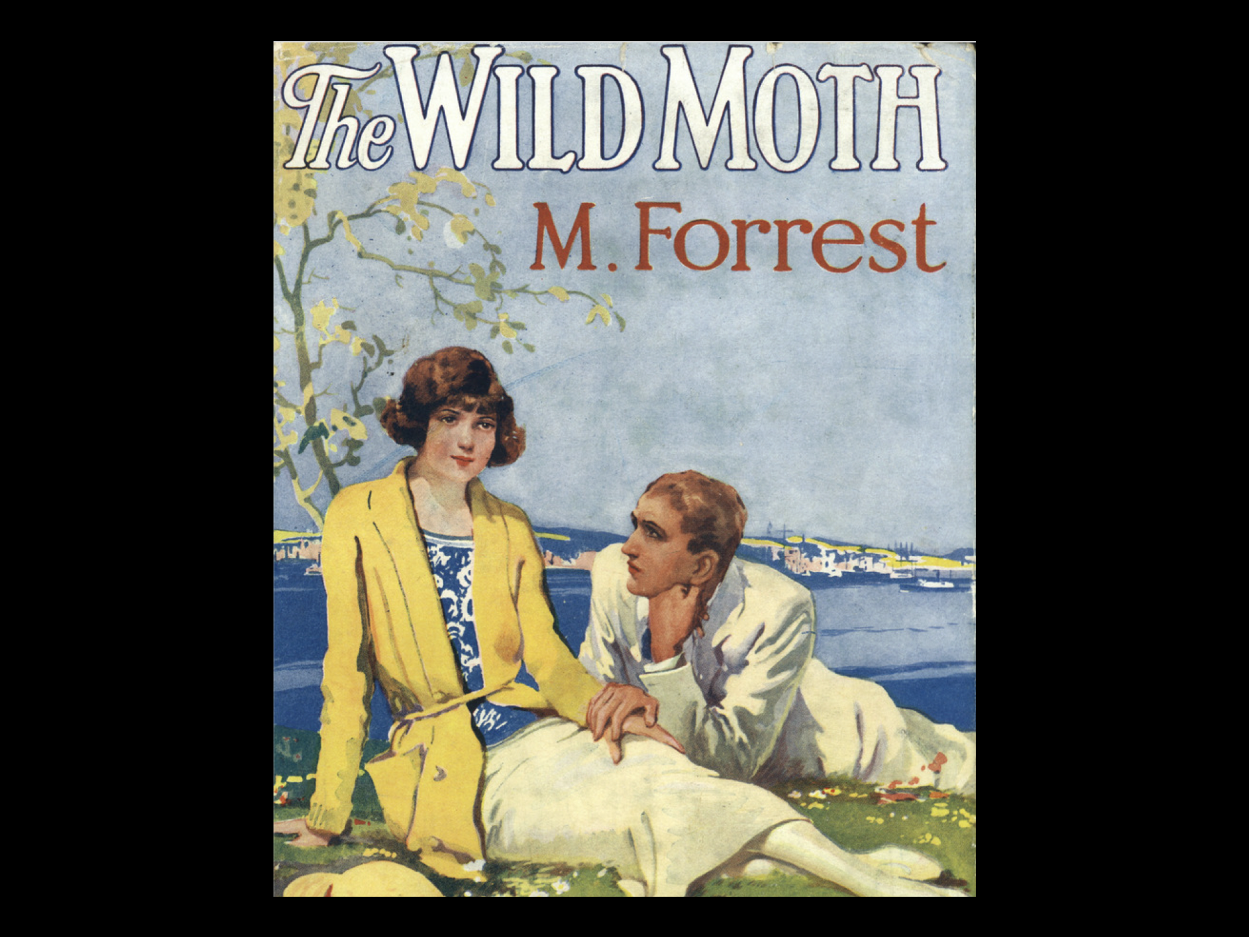 Book cover of 'The Wild Moth' by M. Forrest featuring a painting of a woman sitting on grass and a man lying beside her with a body of water and boats in the background.