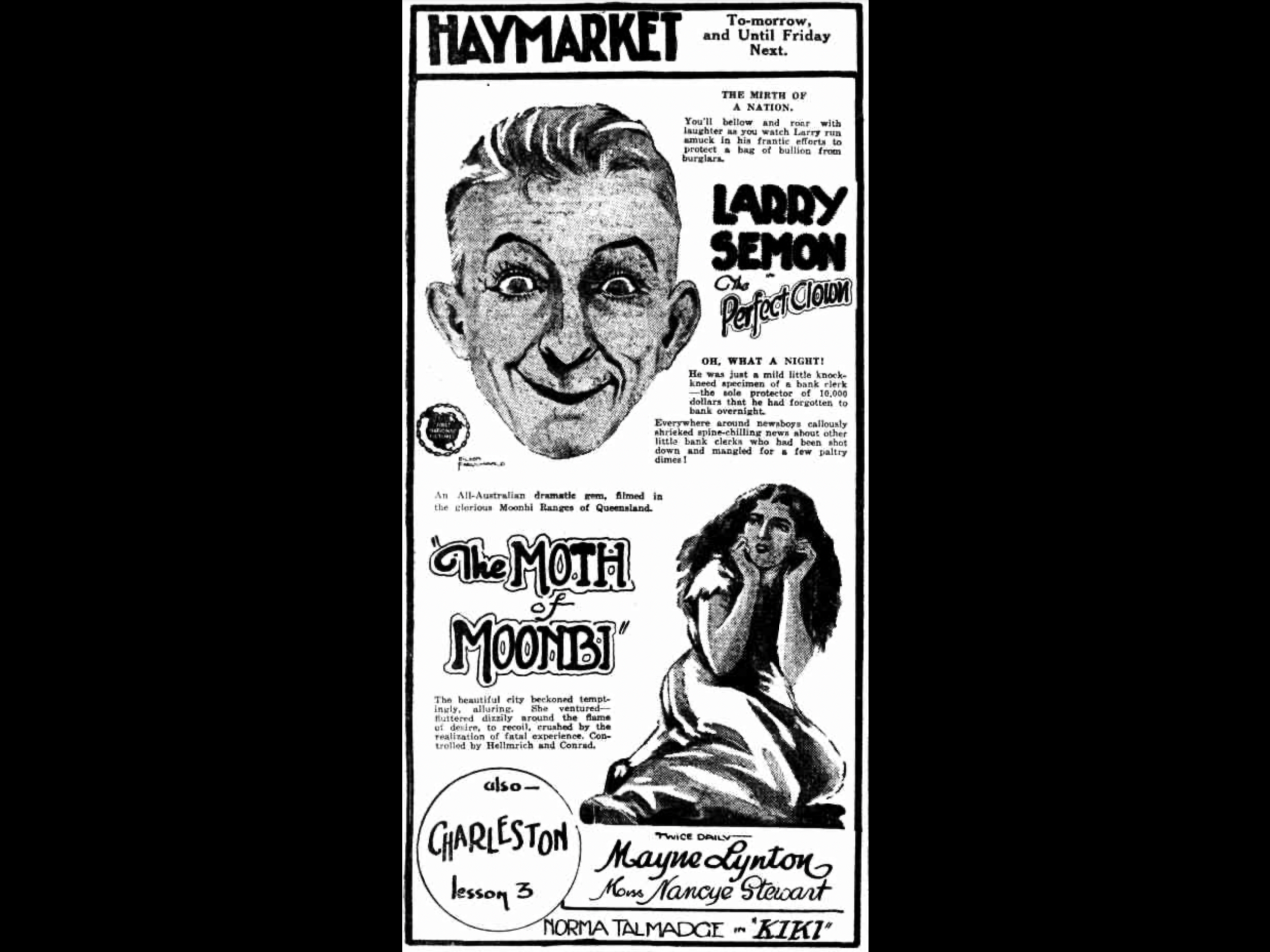 A black and white newspaper ad for a theatrical performance featuring Lady Semon as The Perfect Clown and The Moth of Mombai, with illustrations of a smiling man's face and a girl sitting with her chin on her hands. The ad includes text about the show and mentions units like Haymarket, and performers like Maymo Lynton and Norma Talmadge.