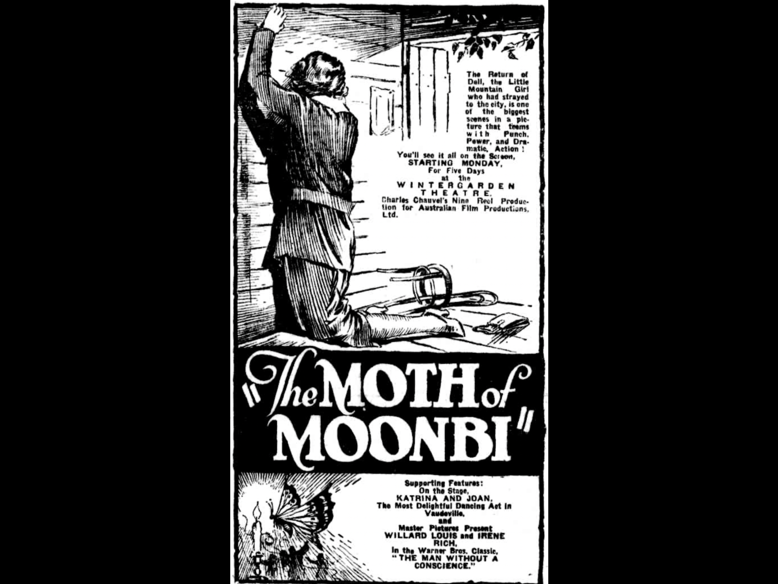 Vintage poster for the film 'The Moth of Moonbi' depicting a woman kneeling and praying outdoors, with text detailing the film's release and supporting features.