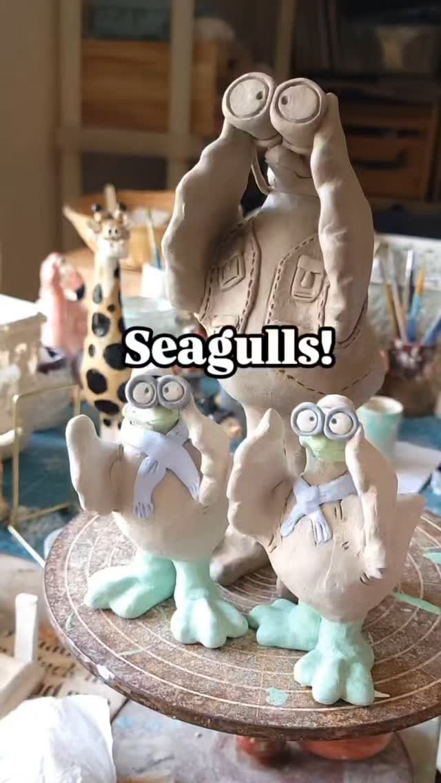 Morning folks
I've been busy making some new clay characters this week, including seagulls!
What does a seagull see when they go out burdwatching?
I'm hoping to get the kiln on later today. I know it's a heatwave but the pottery cannot wait! π