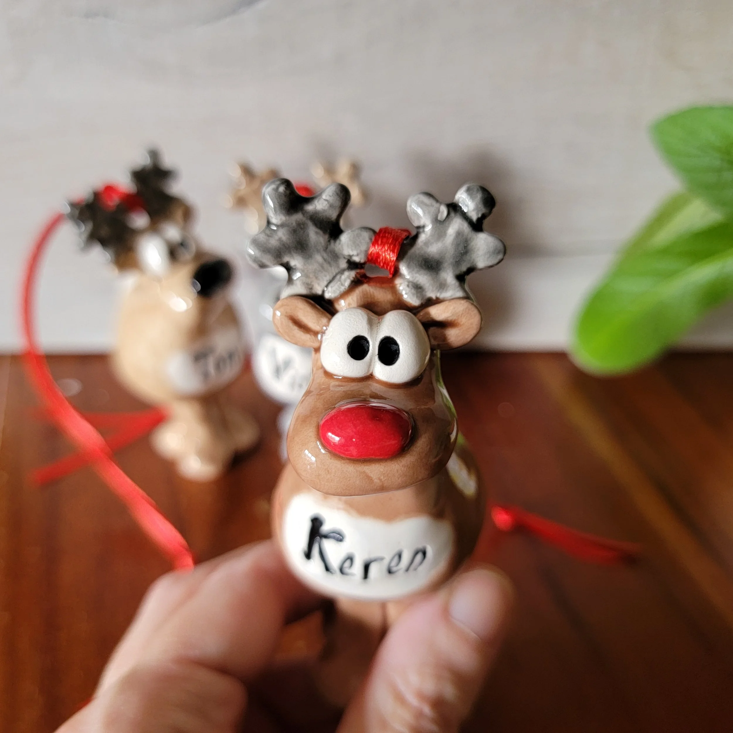 Handmade personalised Christmas decorations. Send a reindeer gift