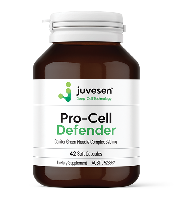 Brown bottle of Juvesen Pro-Cell Defender dietary supplement, containing 42 soft capsules, with a white label featuring green and black text and a white cap.
