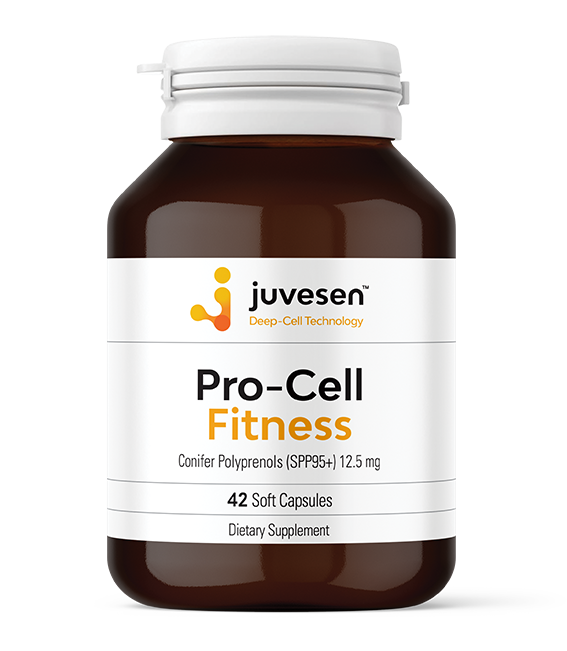 Bottle of Juvesen Pro-Cell Fitness dietary supplement with label showing Soft Capsules, 12.5 mg of Conifer Polyphenols, and 42 capsules in the container.