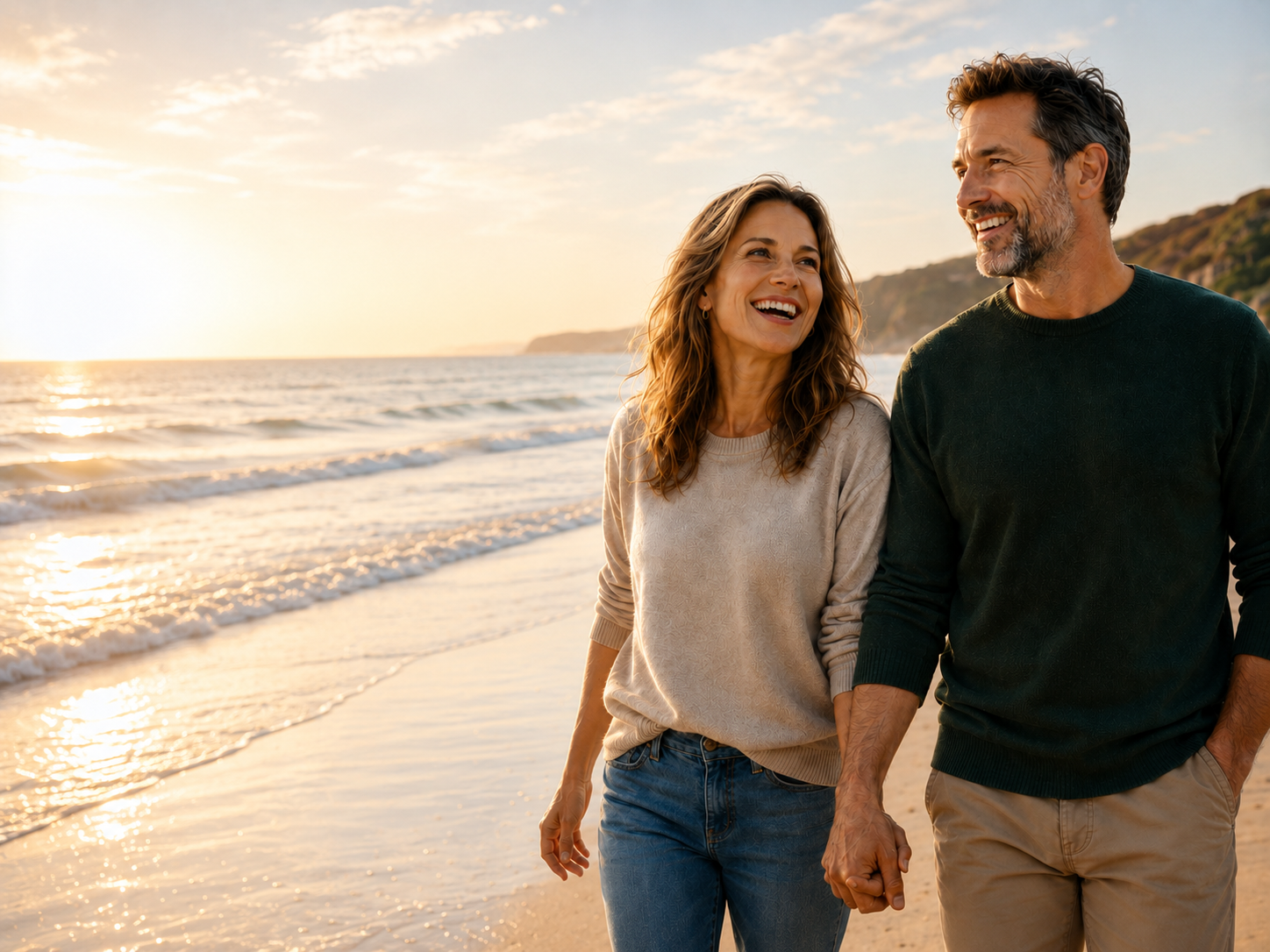 A middle-aged couple holding hands and walking along the beach at sunset, smiling and looking happy.
