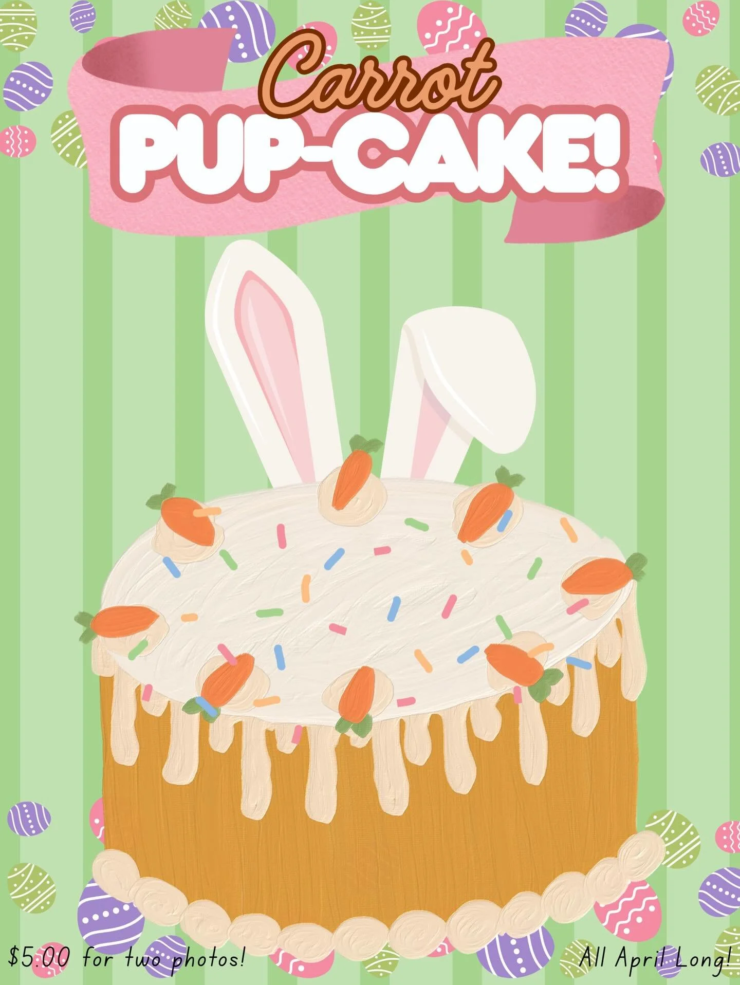 Come sign your pup up for a tasty treat, and get some cute pictures out of it with our new Carrot cake themed pup cup! 🥕🎂

Only $5.00, and Available all April long, so don&rsquo;t miss out!

#doggiedaycare #dog #dogtreats #dogdaycare #smallbuisness